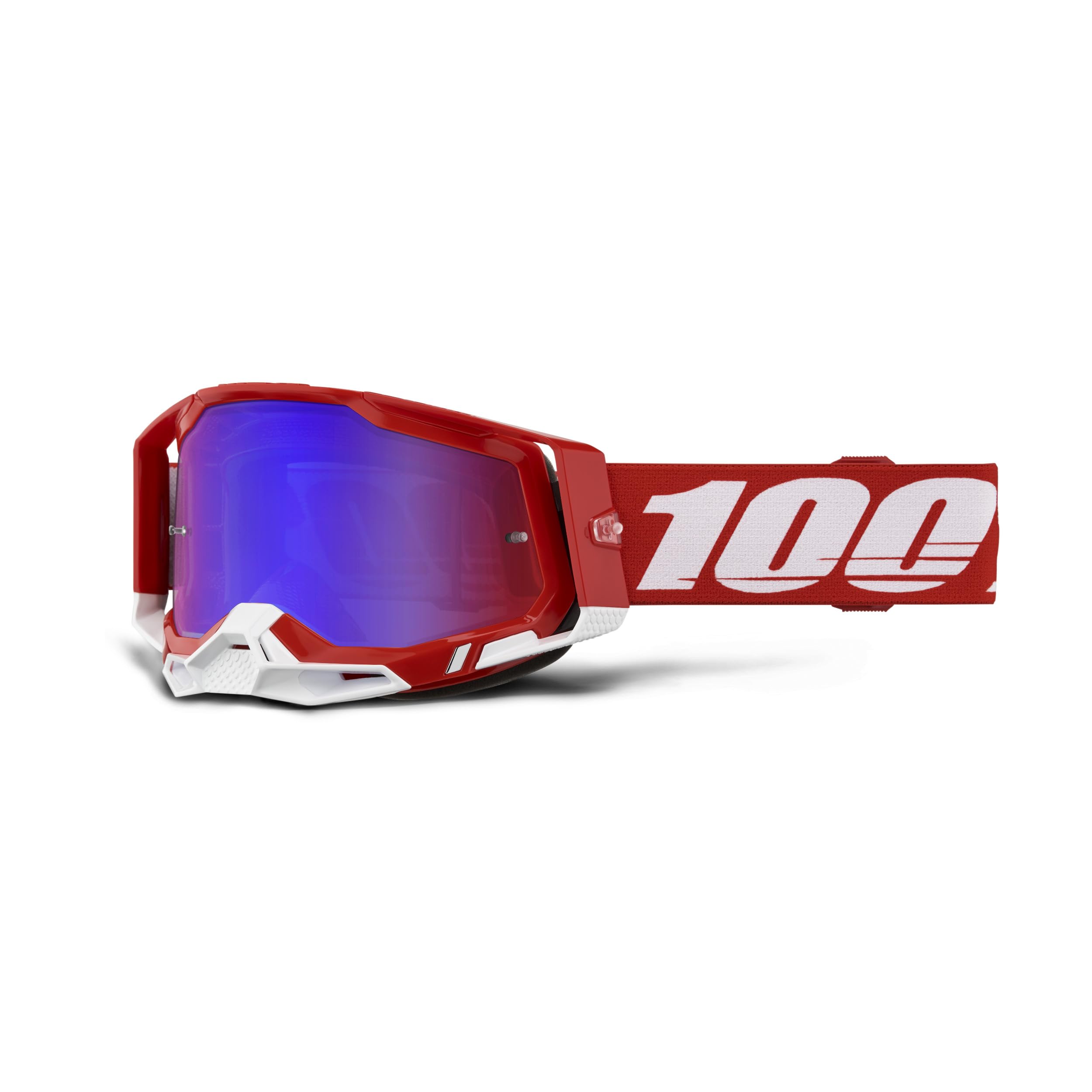 100% Racecraft 2 Motocross & Mountain Bike Goggles - Anti-Fog UV Protection Sports Eyewear with Red Frame & Mirror Red/Blue Lens - Perfect for Off-Road Racing, Trail Riding & Dirt Biking Adventures