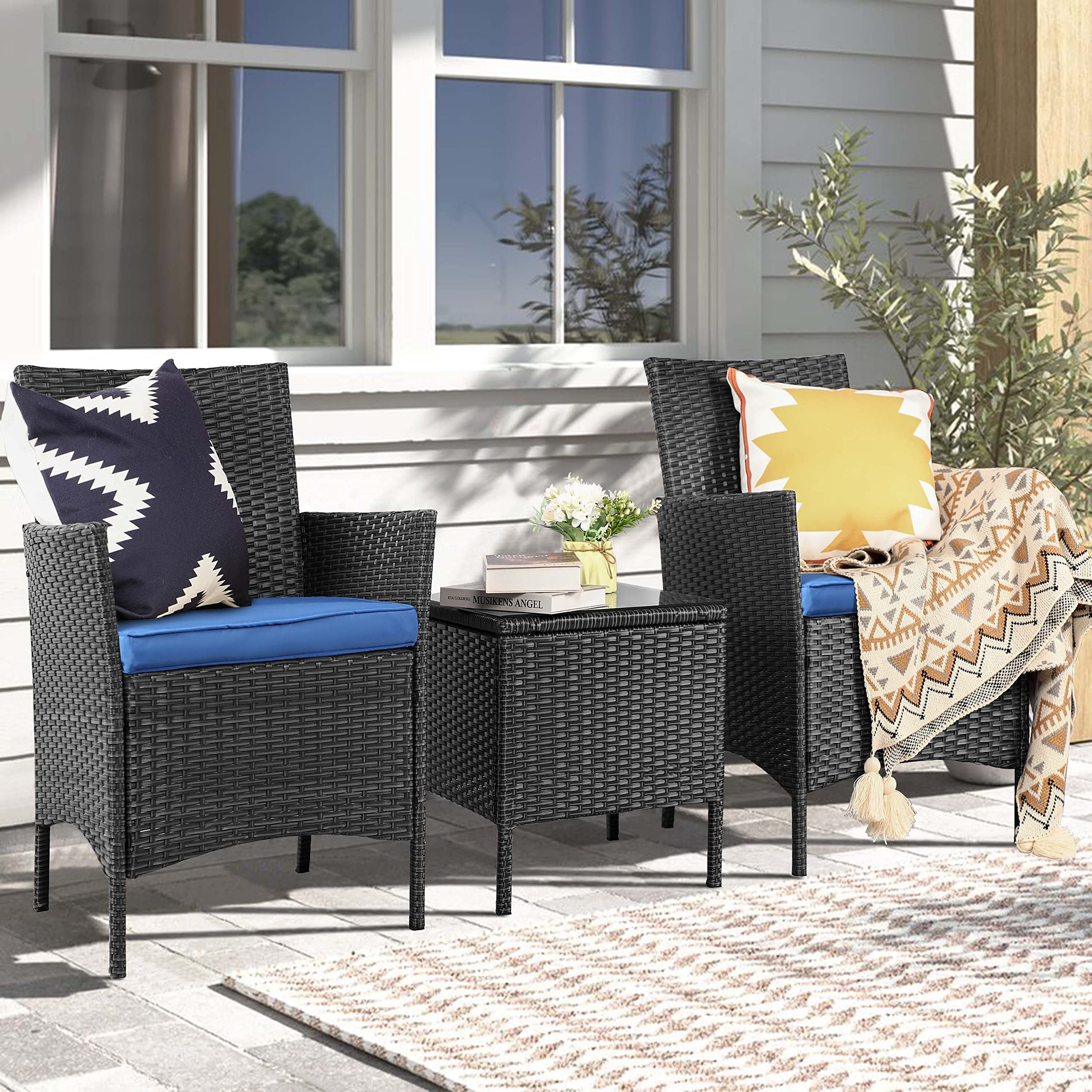 Tochiyoga 3-Piece All-Weather Wicker Patio Furniture Set with Blue Cushions - Outdoor Rattan Bistro Set for Balcony, Garden, or Backyard (Black Frame) - Perfect for Relaxing, Entertaining, and Outdoor Dining