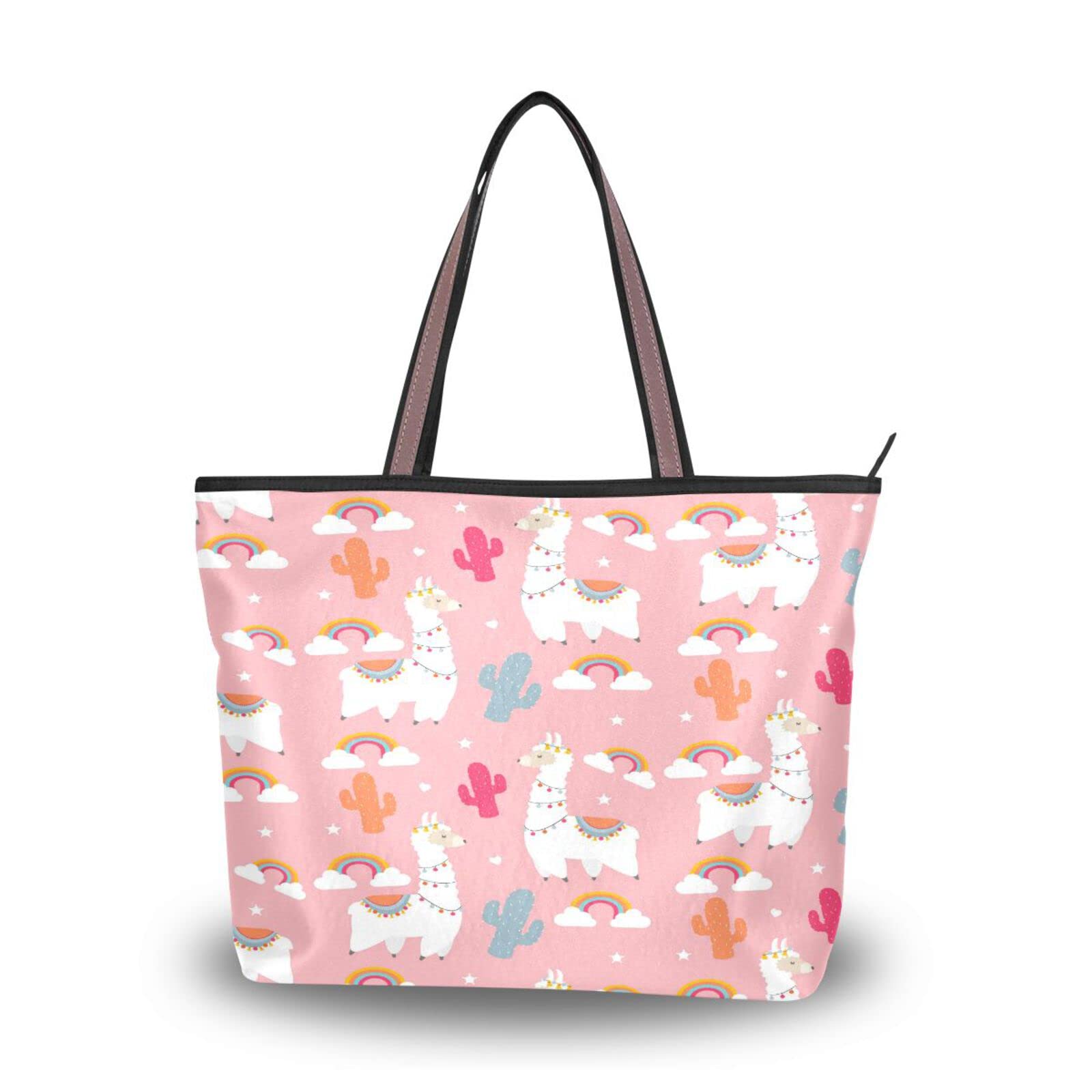 ALAZA Llama Alpaca & Cactus Print Zipper Tote Bag - Reusable Women's Shoulder Handbag for Beach, Travel & Shopping - Trendy Eco-Friendly Fashion Accessory