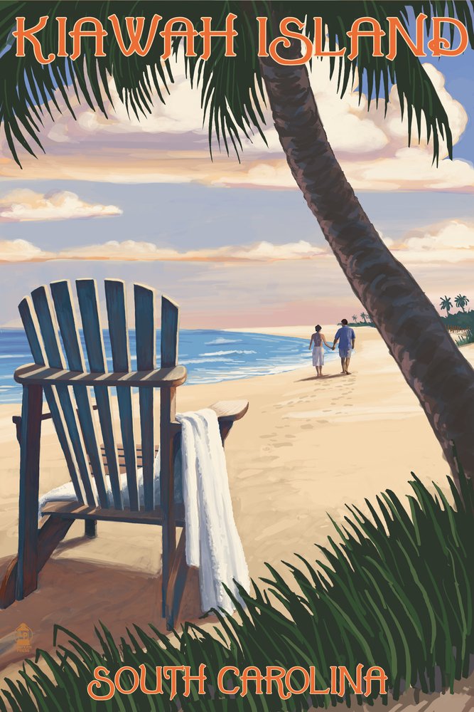 Kiawah Island South Carolina Adirondack and Palms 45244 - 24x36 Signed Art Print, Coastal Wall Decor Poster - Perfect for Beach House, Living Room or Office Decor