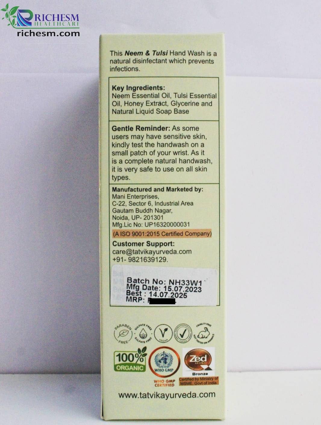 RICHESM HEALTHCARE Neem & Tulsi Antibacterial Hand Wash - Gentle Cleansing Formula (Pack of 2) | Natural Herbal Hand Soap for Daily Hygiene, Kitchen & Bathroom Use