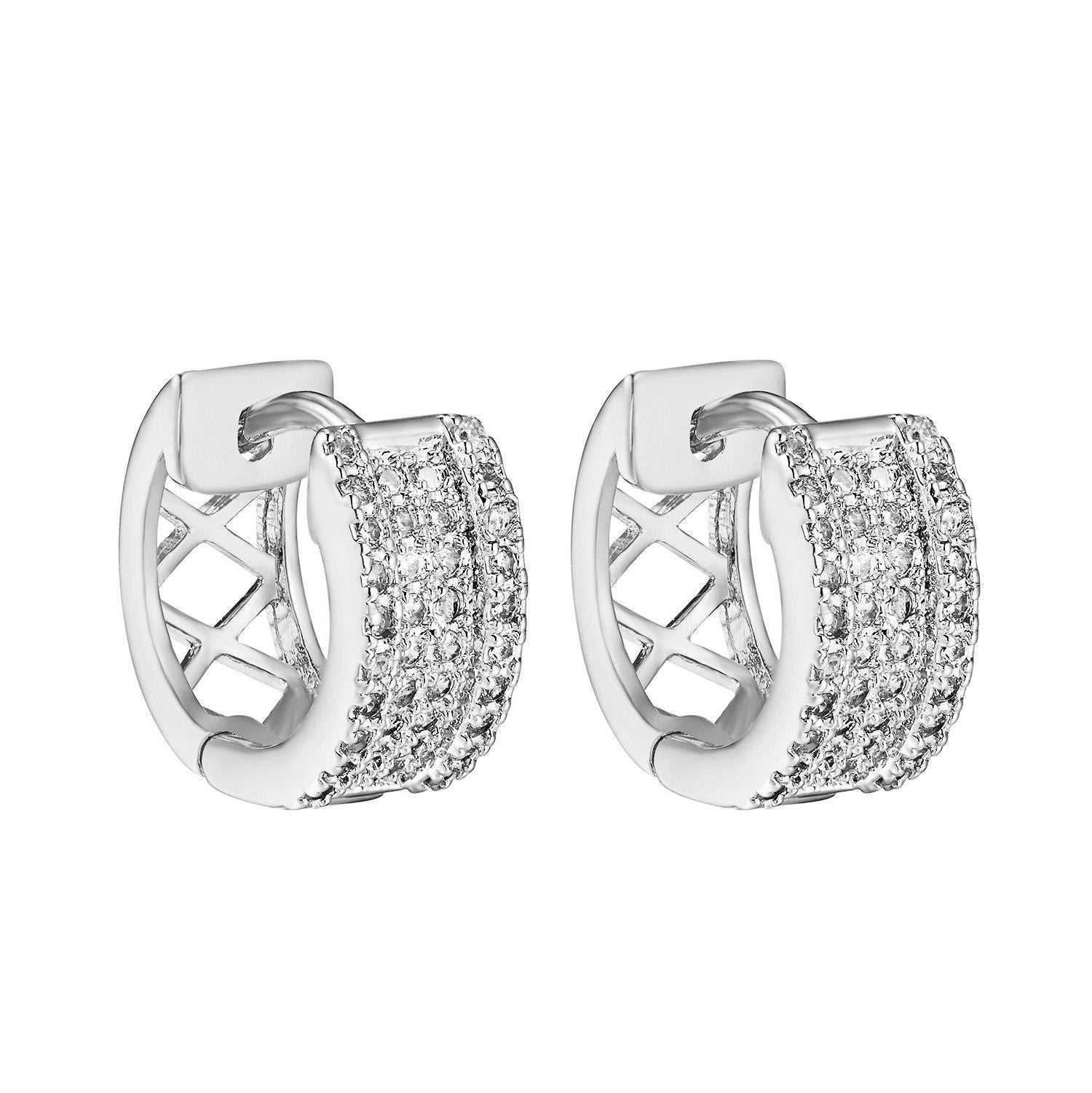 Silver Tone Hoop Huggie Earrings with Simulated Diamonds - 12mm Unisex Jewelry for Everyday Wear & Special Occasions