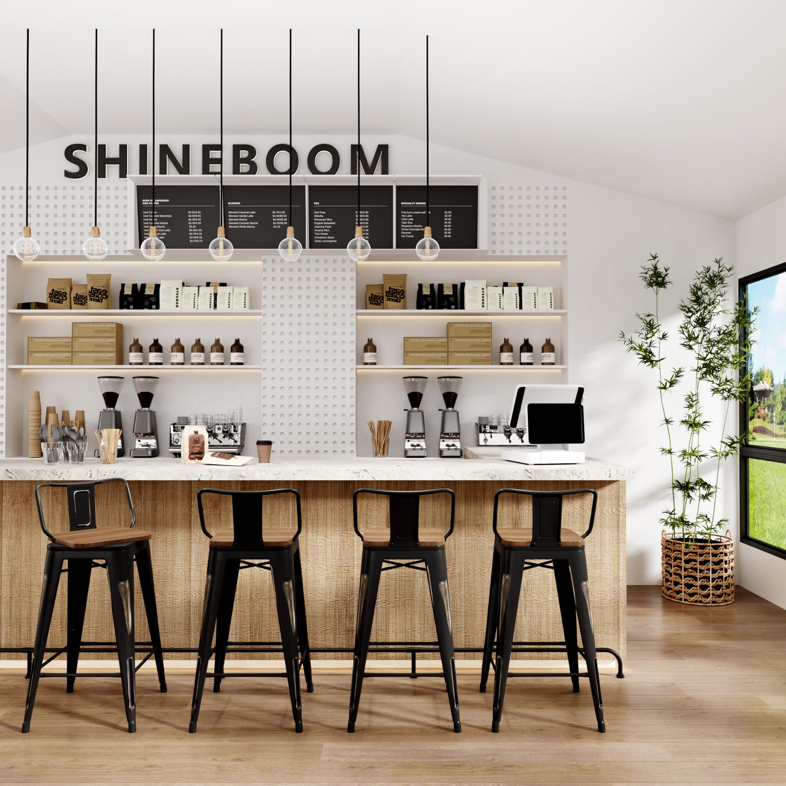 26 Inch Bar Stools Set of 4 - Counter Height Swivel Bar Chairs with Gold Finish & Back Support - Modern Kitchen Stools for Breakfast Nook, Home Bar & Dining Counter - Black Metal Barstools
