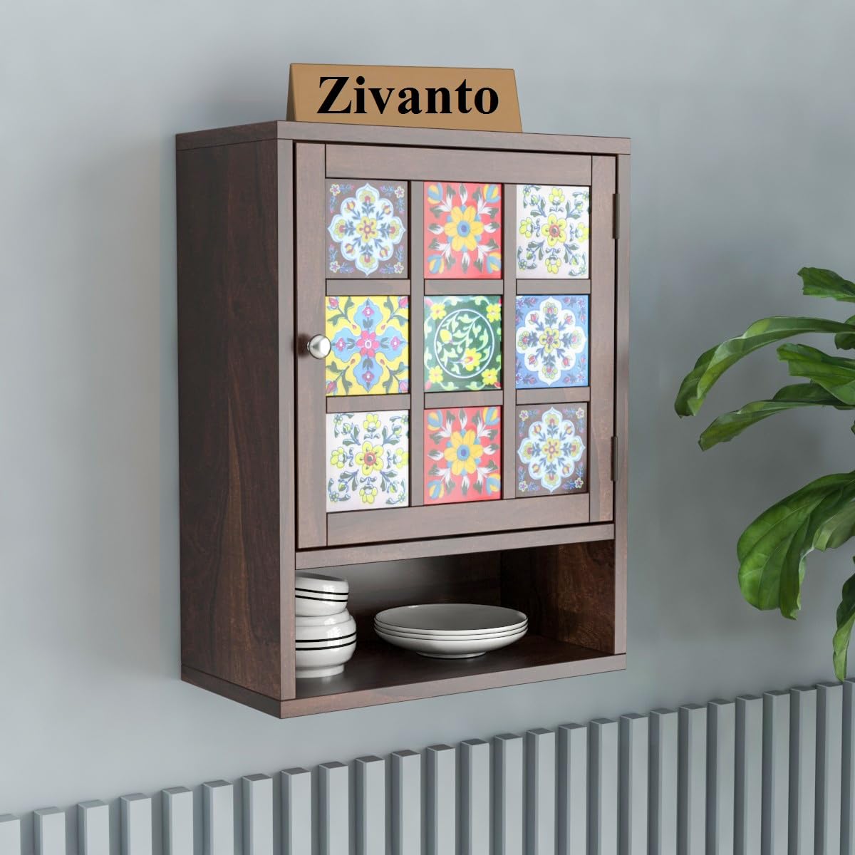 Zivanto Sheesham Wood Kitchen Cabinet - Wall Mounted Organizer with 1 Door & Shelf Storage, Walnut Finish - Perfect for Small Kitchens, Apartments, and Modern Home Decor
