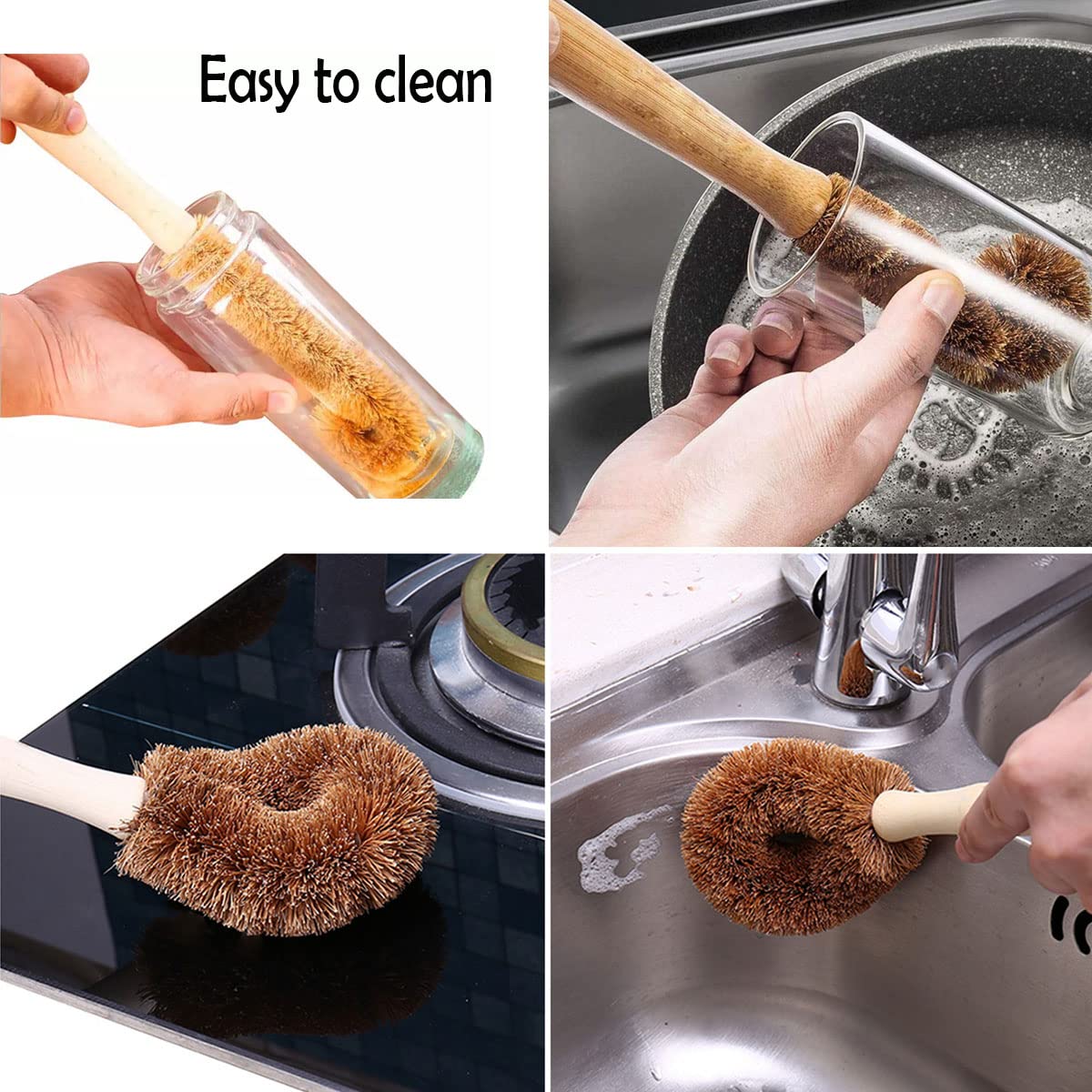 Natural Coconut Fiber Scrub Brush Set - Wooden Handle for Dish, Bottle & Veggie Cleaning - Pack of 2
