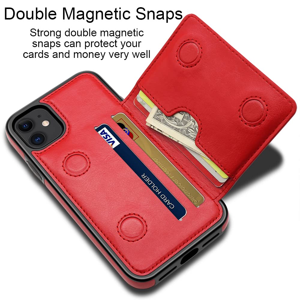 LakiBeibi Premium Leather Wallet Case for iPhone 11 - Slim Dual Layer Protective Cover with Magnetic Lock & Card Holders | Compatible with Apple iPhone 11 6.1 Inch (2019) | Perfect for Everyday Use, Business Travel & Hands-Free Convenience (Red)