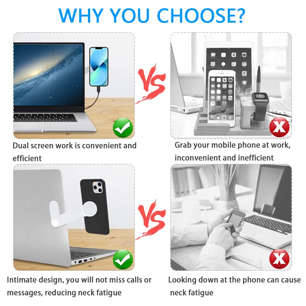 Grathia 2 Pack Magnetic Phone Holder for Laptop - Adjustable Foldable Cell Phone Stand, Portable Mobile Phone Mount with Side Clip - Perfect for Work, Study, Video Calls & Multi-Tasking (Silver + Grey)
