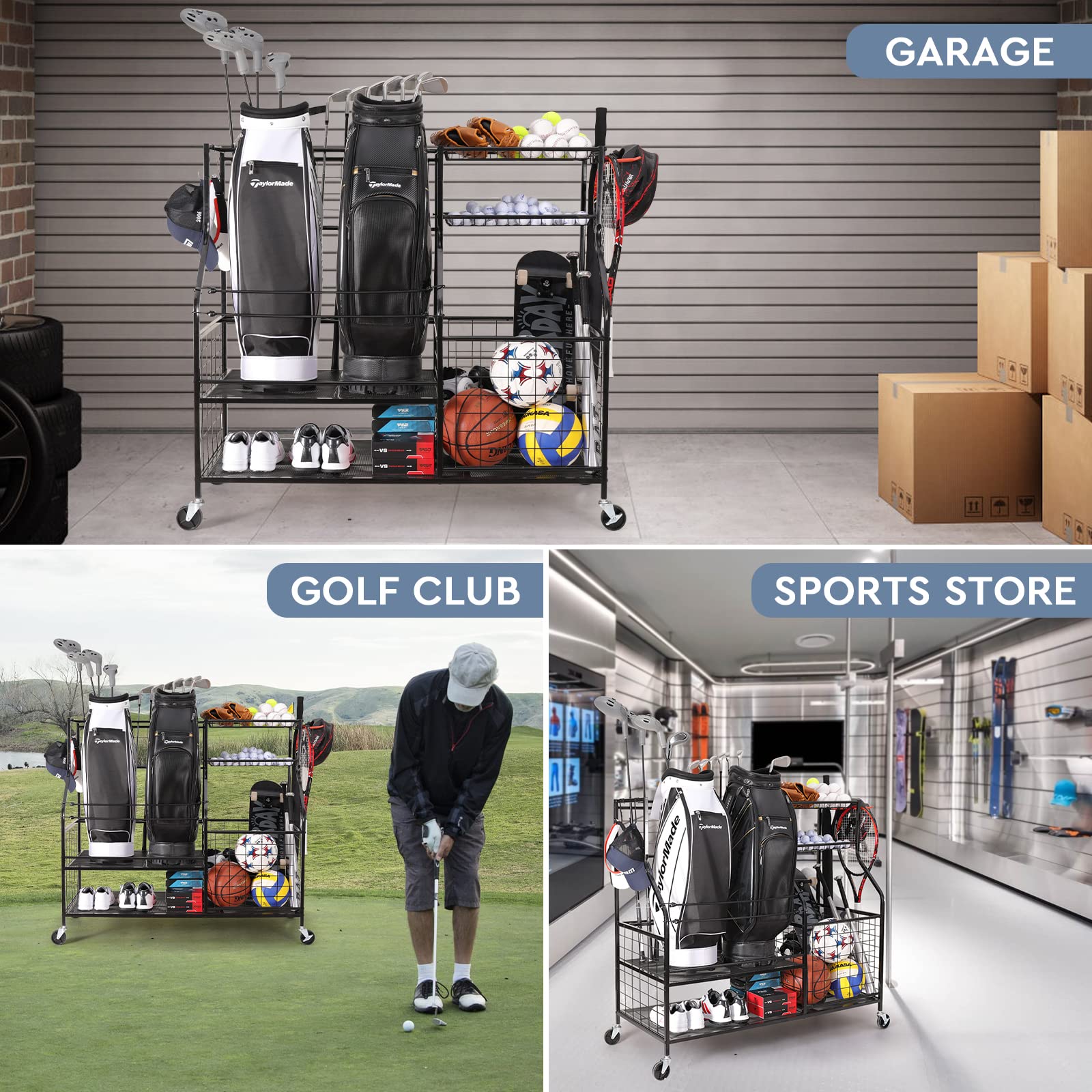 Golf Bag Storage Rack & Sports Equipment Organizer - Heavy-Duty Golf Club Stand with Wheels for Garage, Gym, Shed | Perfect for Golf Ball Storage & Sports Gear Organization