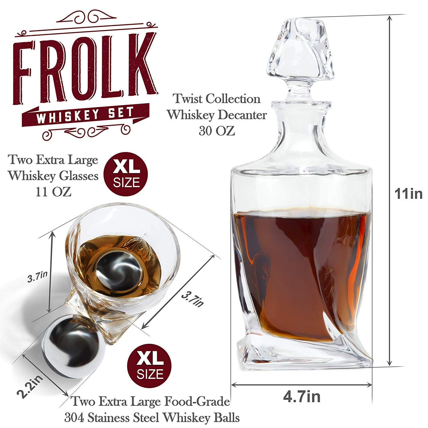 Premium Whiskey Decanter Set for Men - Elegant Twisted Bourbon Decanter with 2 Whiskey Glasses, 2 XL Stainless Steel Ice Balls, 2 Slate Coasters, Tongs & Freezer Pouch in Pinewood Gift Box - Perfect for Home Bars, Gifts & Whiskey Enthusiasts