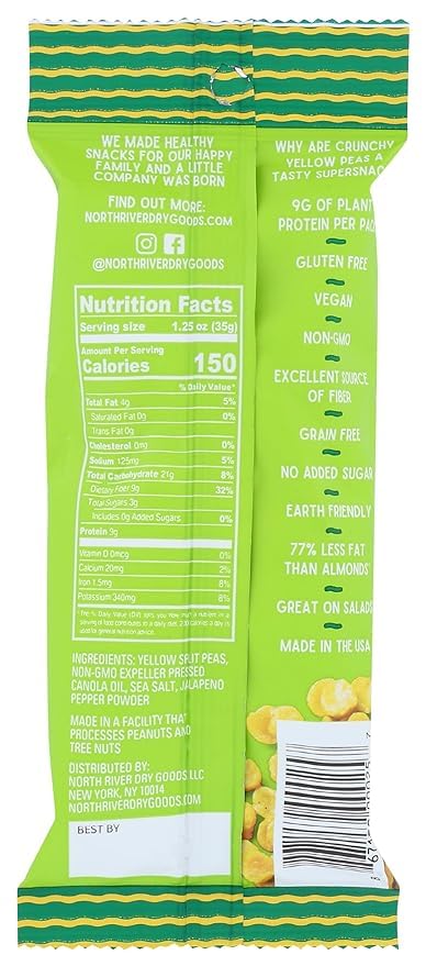 Crunchy Yellow Peas (Jalapeno Flavor) - High Protein, Gluten Free & Vegan Snacks | Healthy Non-GMO Snack for Adults & Kids | High Fiber School, Travel & Office Snacks | 1.25oz Pack by North River Dry Goods | Perfect for On-the-Go, Lunchboxes & Movie Nights