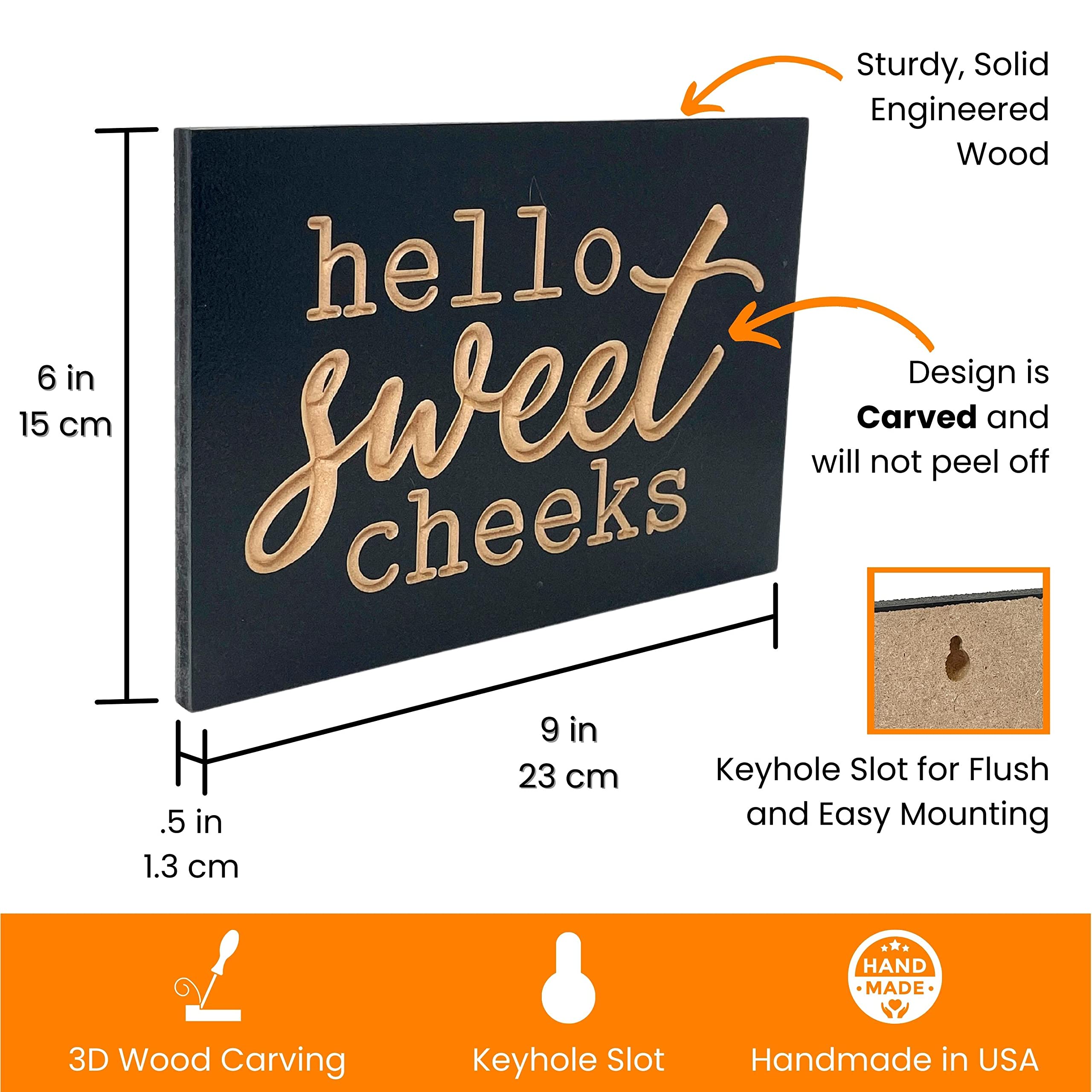 Hello Sweet Cheeks Bathroom Sign - 6x9 Inch Wooden Funny Half Bathroom Decor - Powder Room & Guest Bath Door Sign - Black Above Toilet Wall Art by True Stock Studios - Perfect for Farmhouse, Rustic & Modern Bathroom Decor Styles
