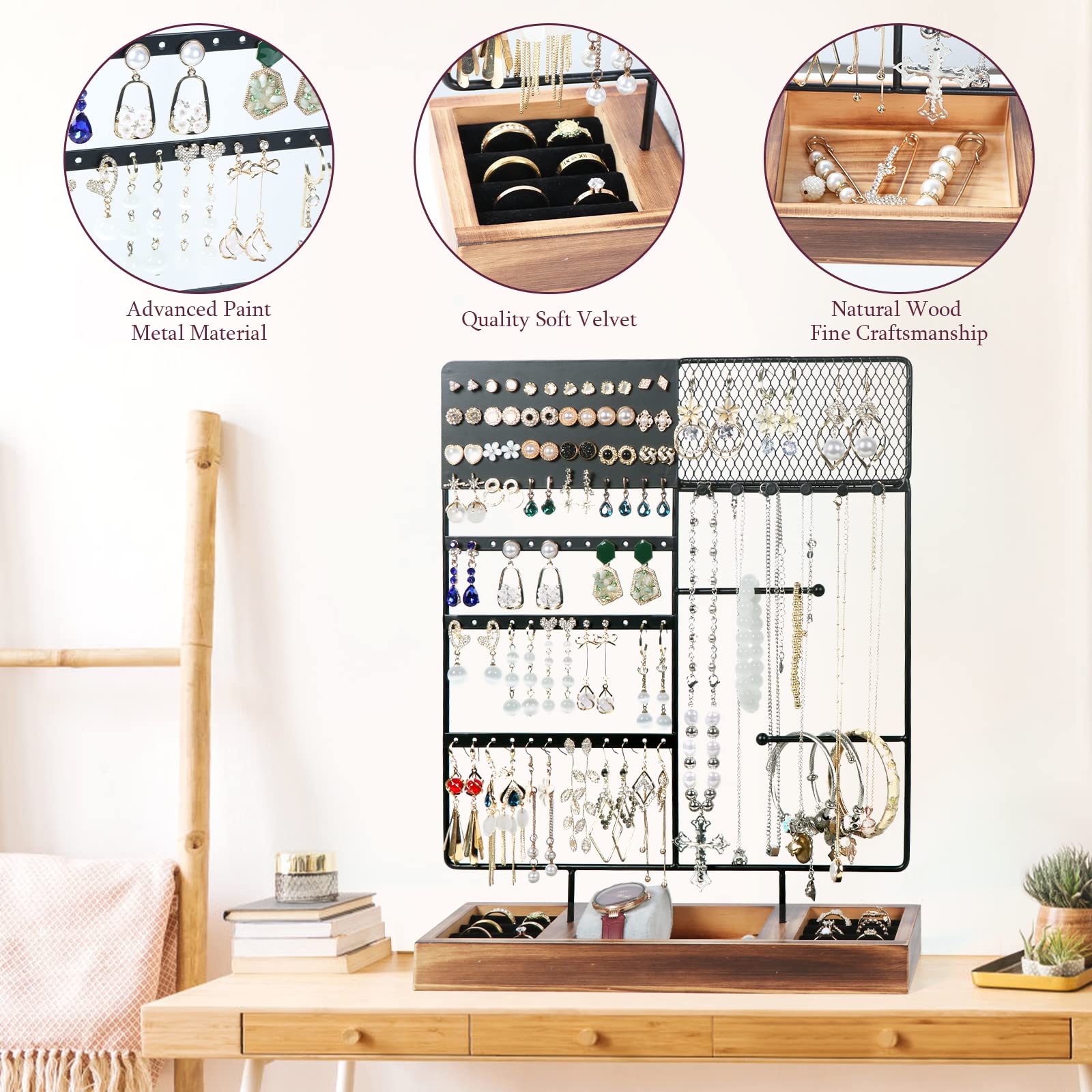 Sovia Jewelry Organizer Stand with 84 Holes & Wooden Tray - for Earrings, Necklaces & Watches - Perfect for Bedroom & Travel