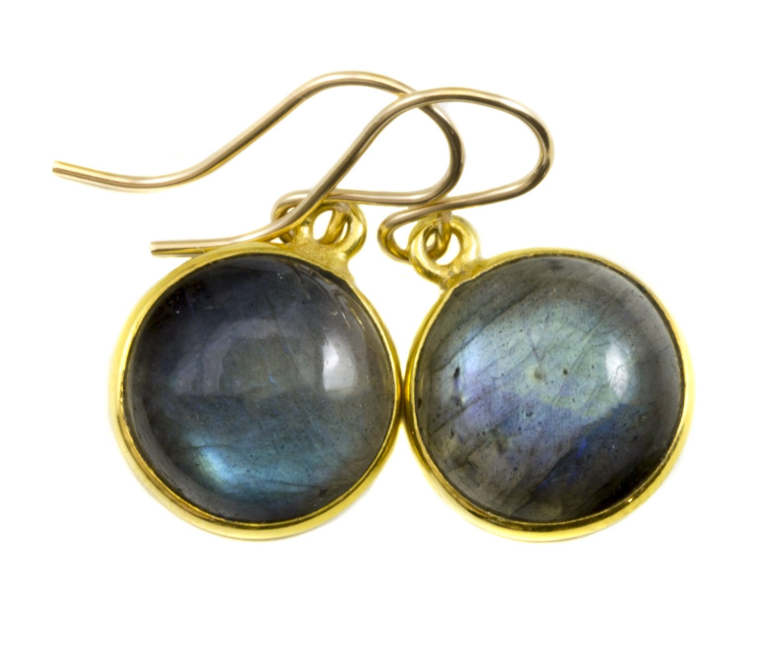 Labradorite Earrings Blue Smooth Cut Round Goldtone Bezel Set - Dainty Simple Small Drop Earrings for Women, Perfect for Casual Wear, Office & Everyday Jewelry