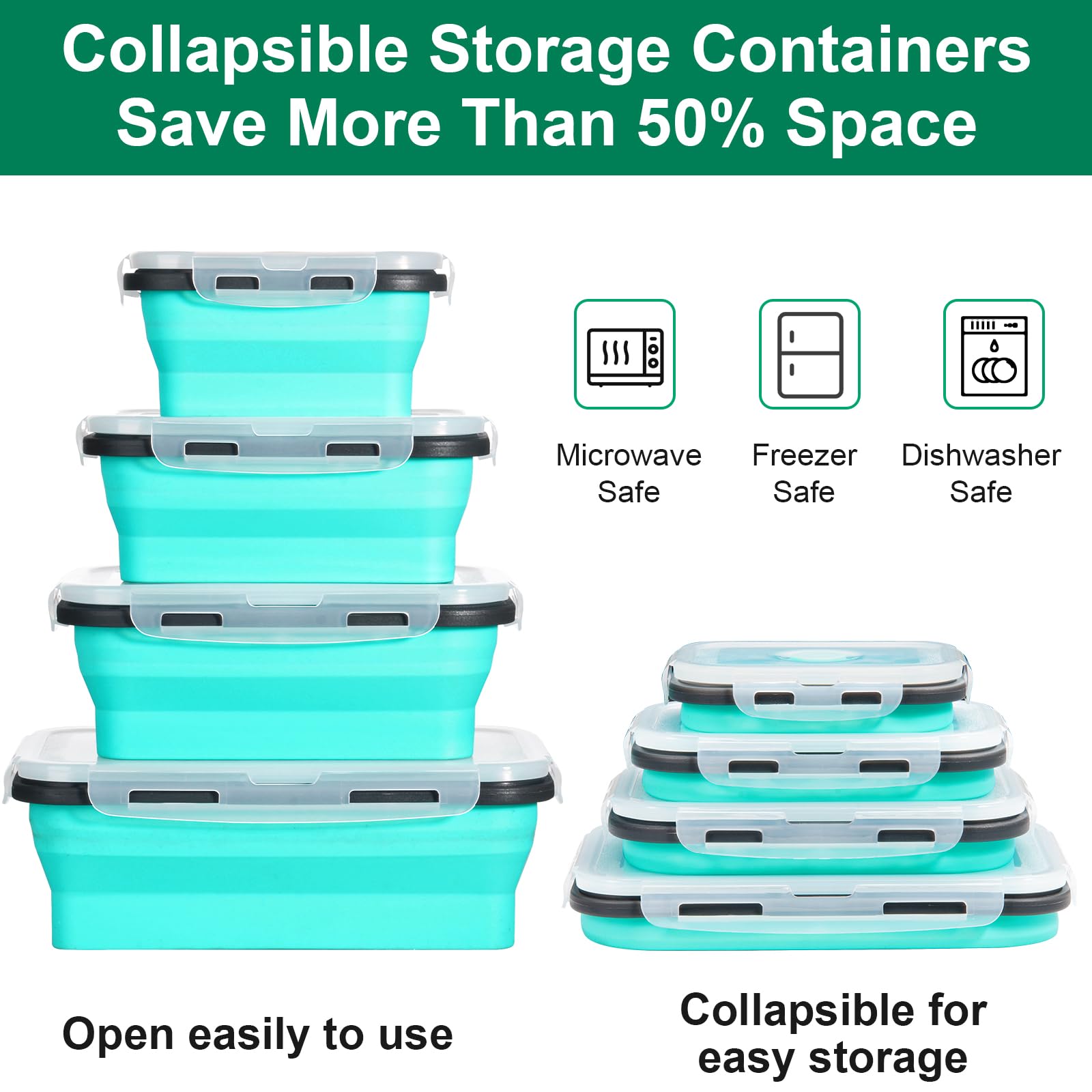 8 Pack Collapsible Food Storage Containers with Lids - Reusable Silicone Collapsible Bowls for Camping, RV, Travel Trailer, Picnic & Meal Prep (Mixed Sizes) - Space Saving Kitchen & Outdoor Storage Solution