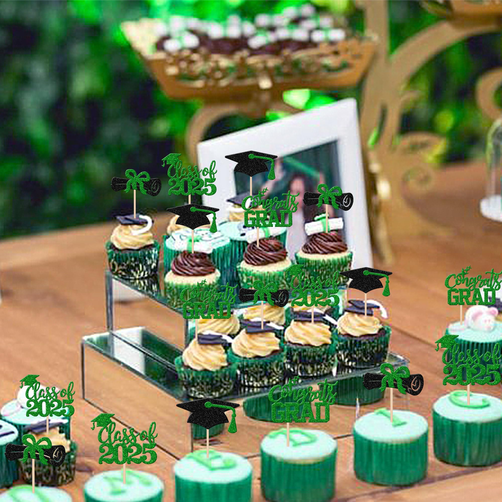 24 PCS Class of 2025 Graduation Cupcake Toppers - Glitter 2025 Congrats Grad Cap & Diploma Cake Decorations - Green Graduation Party Supplies for High School, College Commencement Celebrations