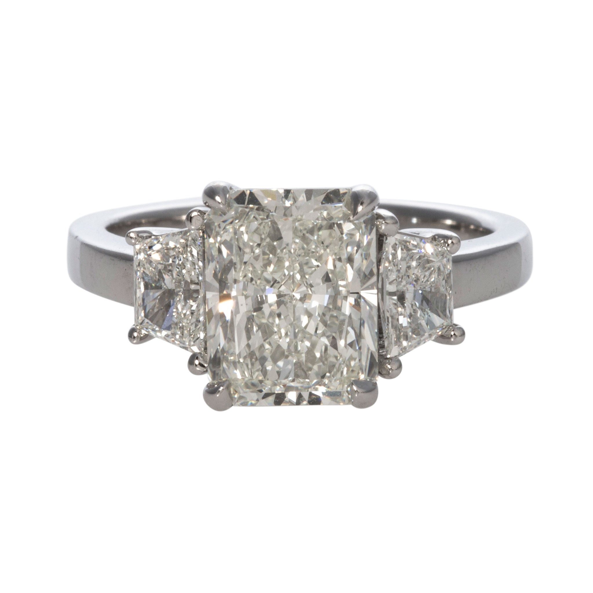 3ct Radiant Cut Diamond Center with .71ct Trapezoid Side Stones Platinum Three Stone Engagement Ring - Perfect for Proposals, Anniversaries & Special Occasions