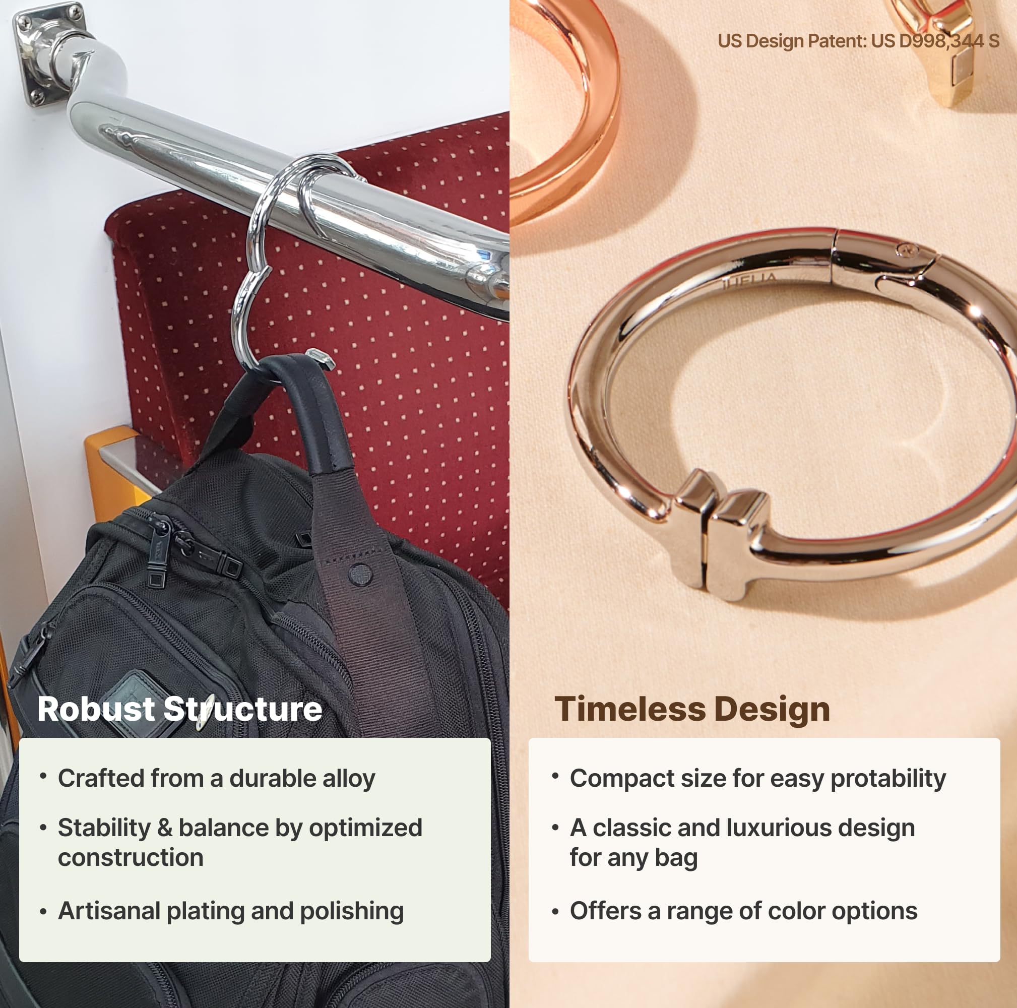 Premium Rotatable Purse Hook Hanger for Table - 90° & 180° Adjustable Bag Holder (Rose Gold) - Perfect for Restaurants, Bars, and Home Use