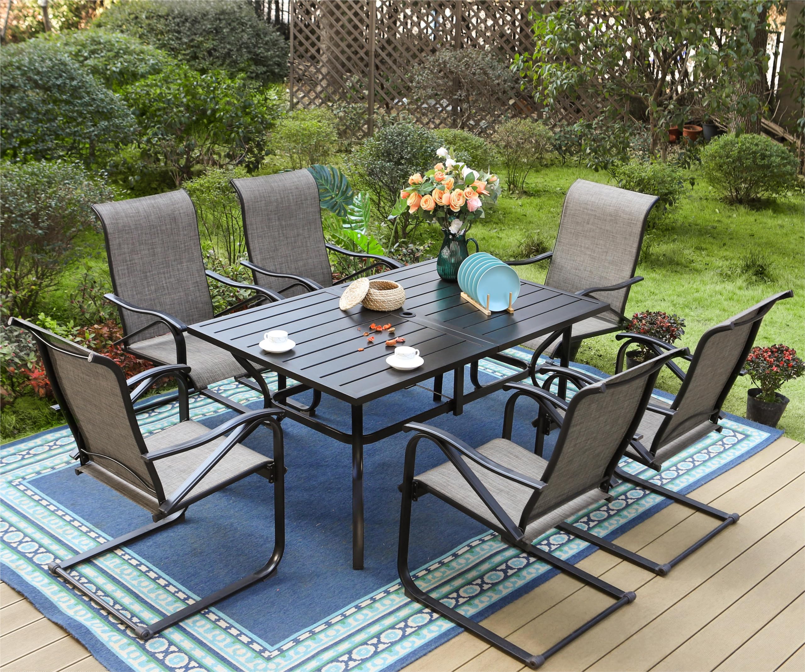 Sophia & William 7-Piece Outdoor Patio Dining Set - 6 Spring Motion Chairs & 1 Rectangular Umbrella Table - Durable Metal Furniture for Garden, Backyard, Lawn & Poolside Relaxation