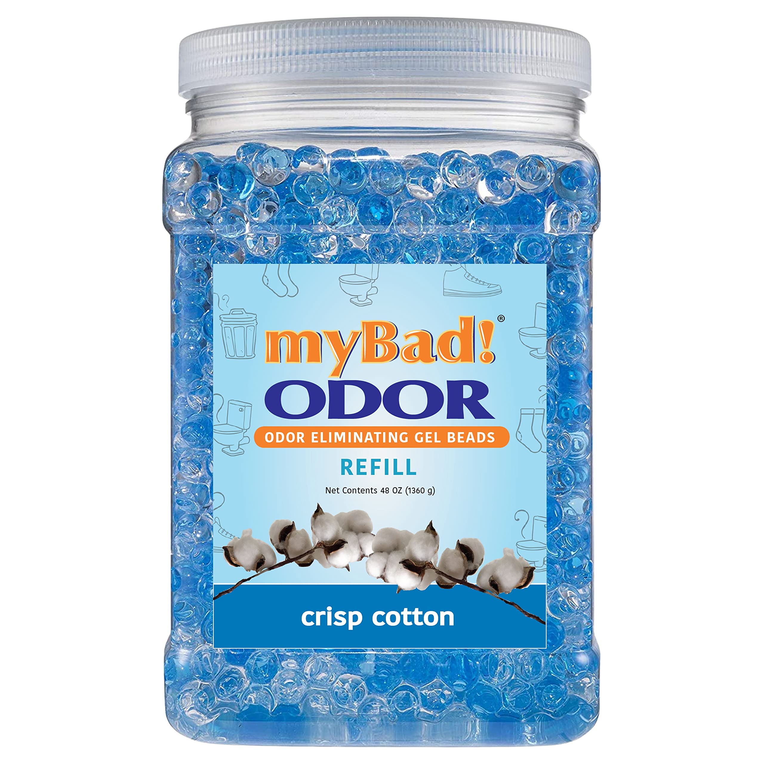 48 oz Odor Eliminator Essential Oil Gel Beads Refill - Long-Lasting Air Freshener for Home, Bathroom, Closet, RV & Pet Areas - Crisp Cotton Scent - Natural Fragrance for Odor Removal | Perfect for Small Spaces, Cars, Offices & Laundry Rooms