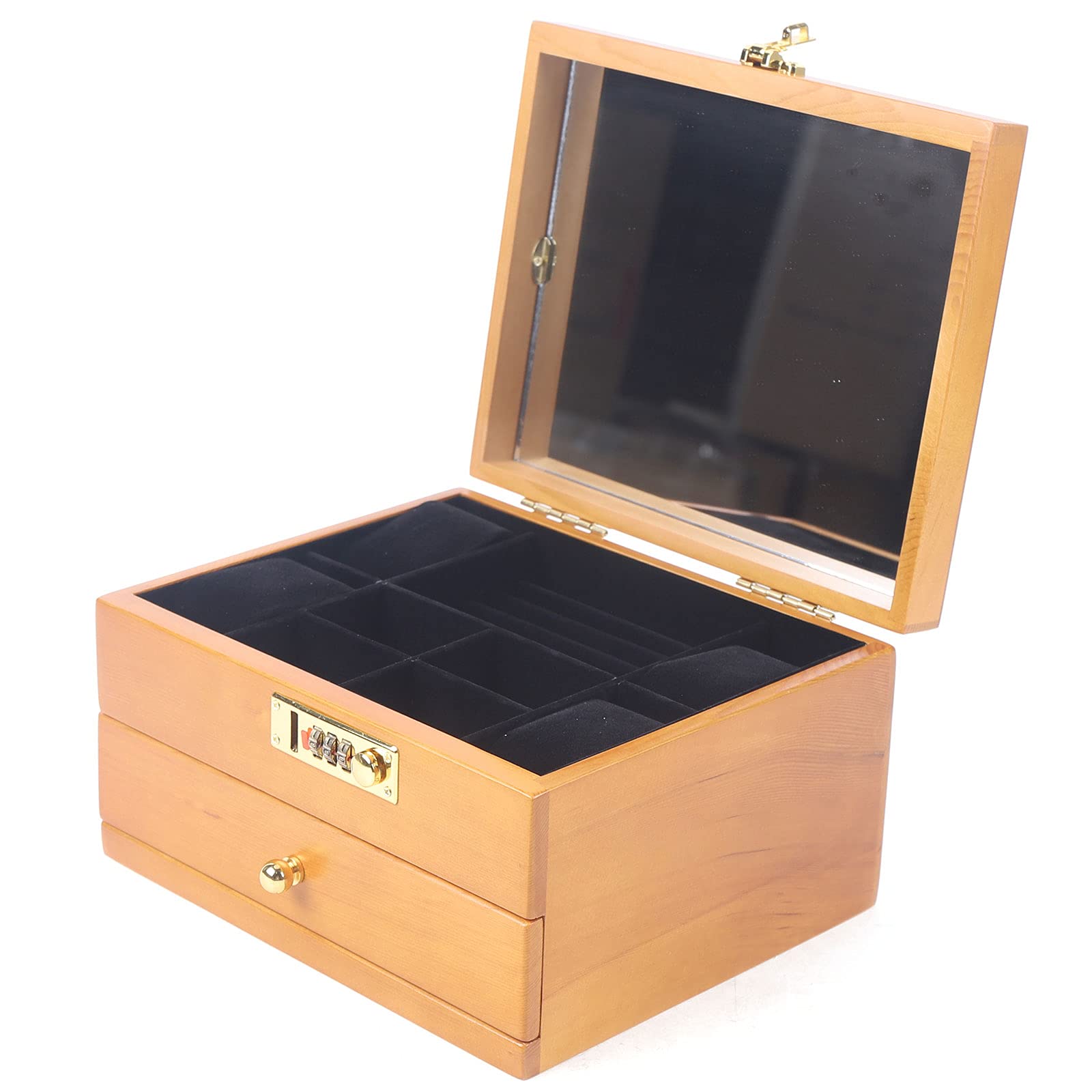 2 Layer Vintage Wooden Jewelry Box with Drawer & Mirror - Password Lock Jewelry Organizer for Rings, Necklaces & Watches - Perfect for Bedroom Vanity, Travel & Gift Giving (Light Brown)