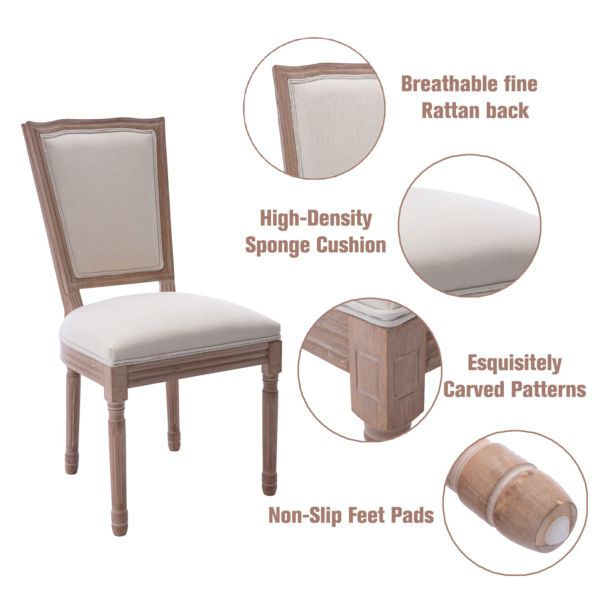 Farmhouse Dining Chairs Set of 2 - French Bistro Style with Square Back & Brown Wood Legs - Beige Upholstered Chairs for Dining Room, Kitchen, Living Room or Restaurant Decor | Perfect for Country Homes, Cafés & Cozy Breakfast Nooks