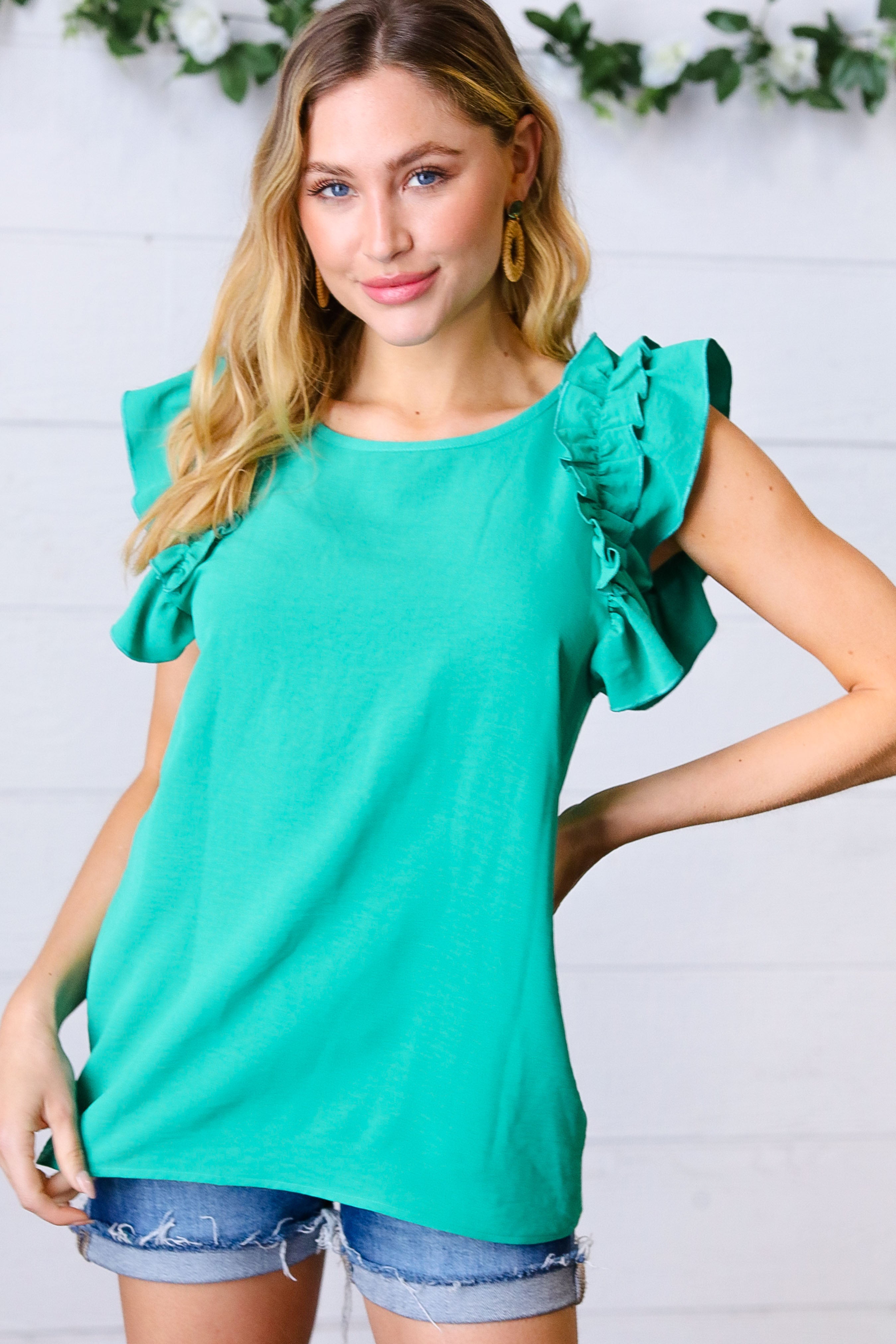Kelly Green Double Ruffle Sleeve Crinkle Blouse - Women's Fashion Boho Chic Top for Casual Outings, Date Nights & Summer Festivals