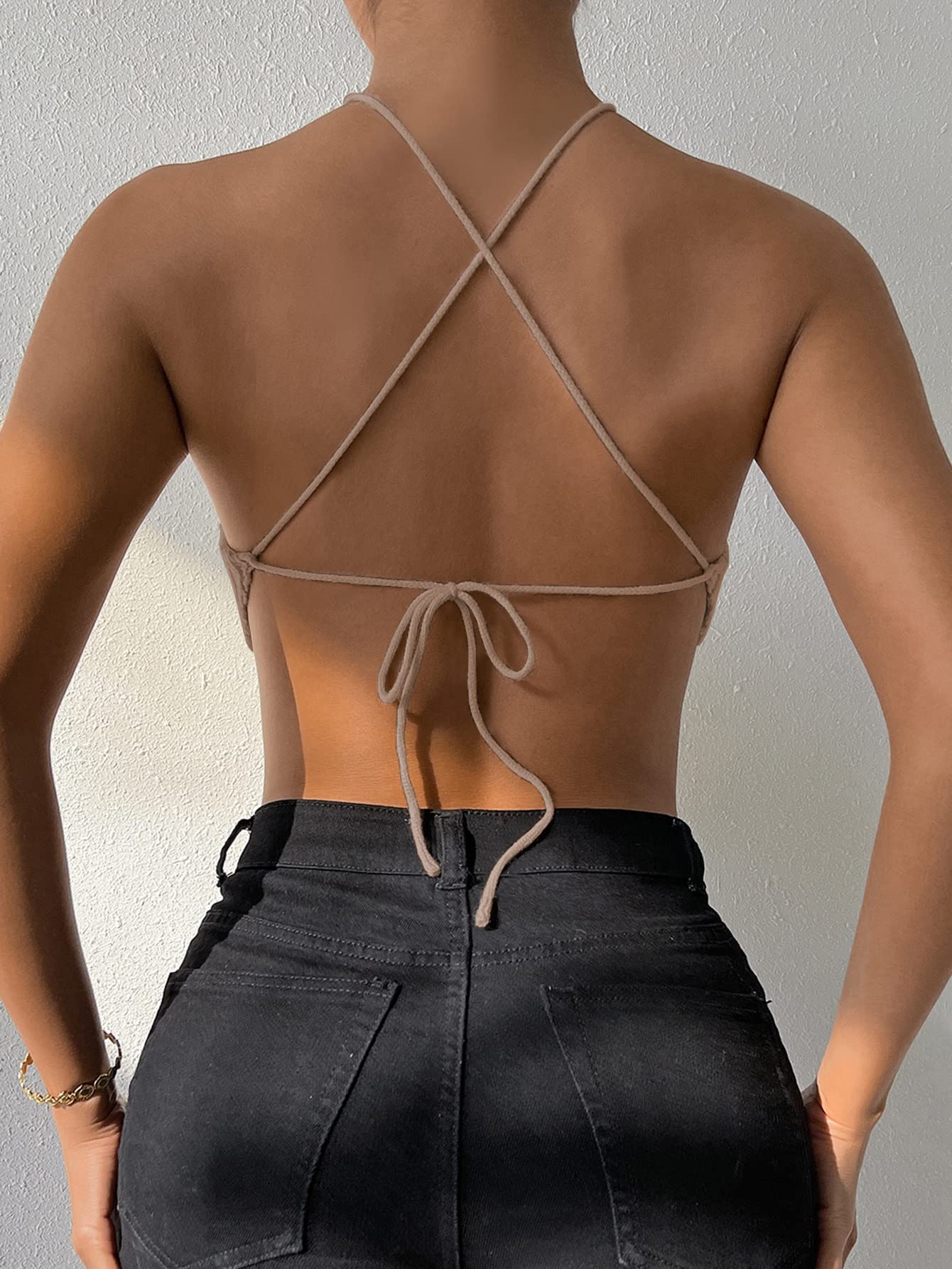 WDIRARA Women's Crisscross Tie Back Knit Crop Halter Top - Asymmetrical Bandana T-Shirt for Summer, Beach, Party | Sexy Casual Fashion Tops for Women
