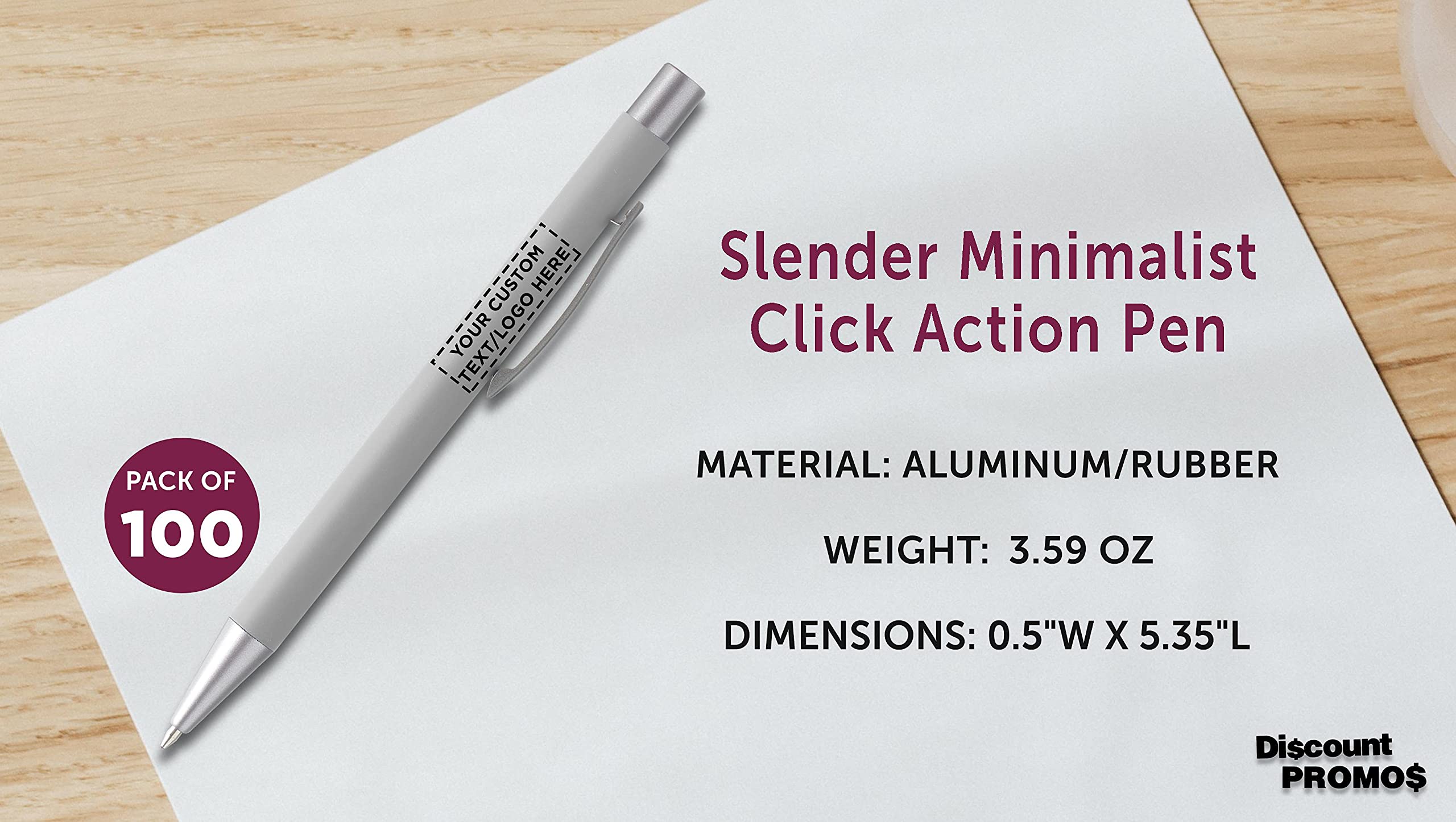 100 Pack Cordova Rubber Coated Metal Pens - Custom Text & Logo Printing - Smooth Writing Push Action Ballpoint Pens with Black Ink (Grey) - Perfect for Office, School, Corporate Gifts & Promotional Events