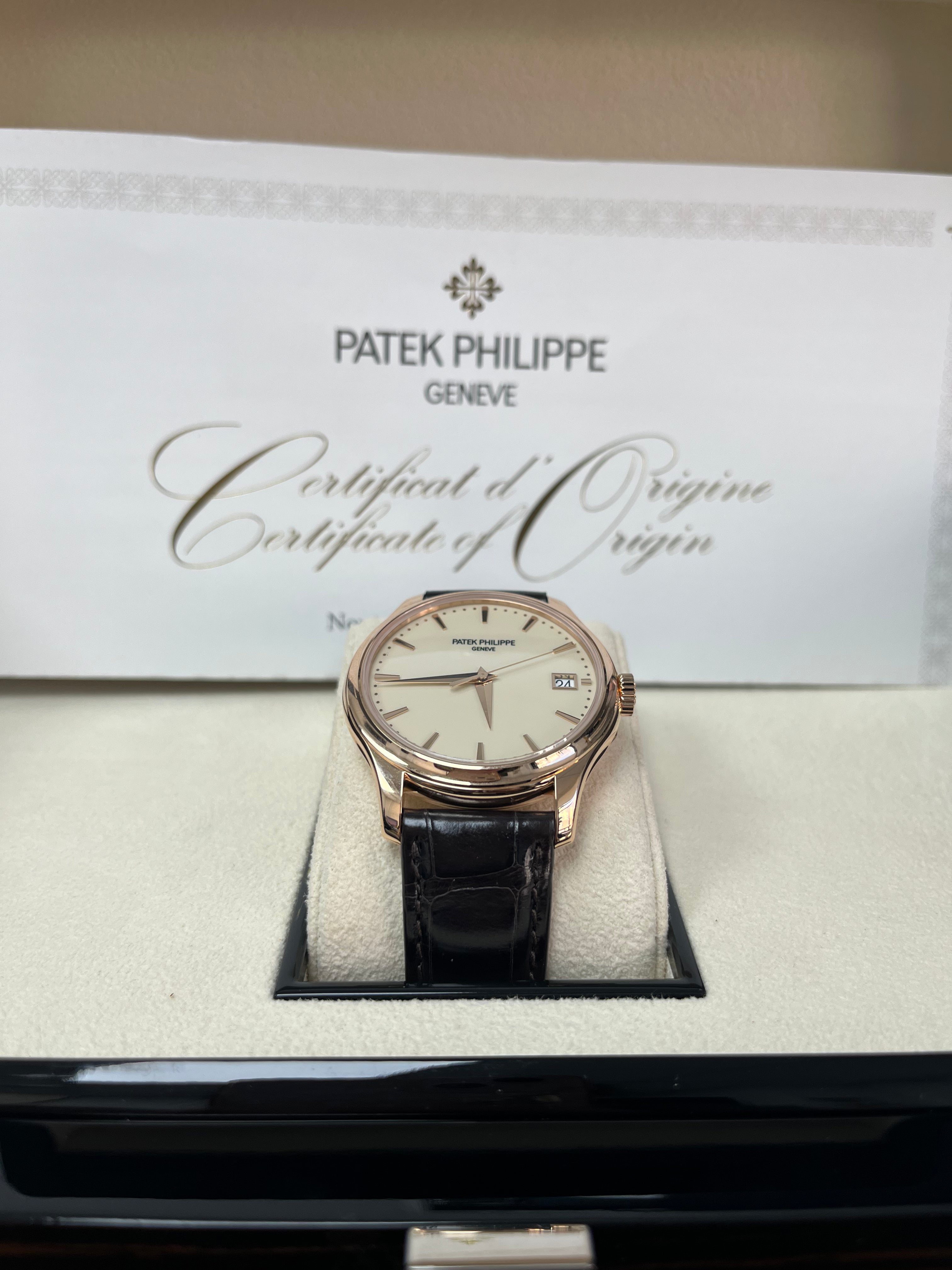 Patek Philippe Calatrava 5227R-001 Men's Watch - Ivory Lacquered Dial, Rose Gold Case, Brown Alligator Strap - Luxury Dress Watch for Business & Formal Occasions