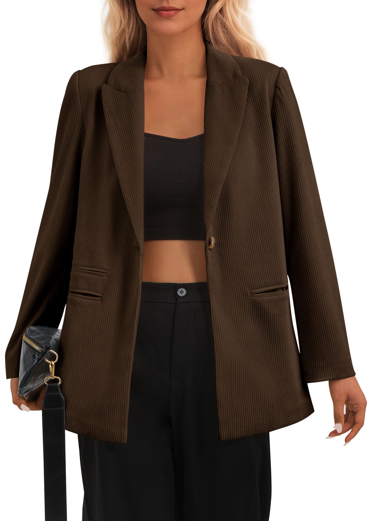 PRETTYGARDEN Women's Corduroy Blazer Jacket - Winter Long Sleeve Ribbed Lapel Coat for Work, Business & Casual Outfits | Office Wear, Date Night & Fall Fashion Outerwear