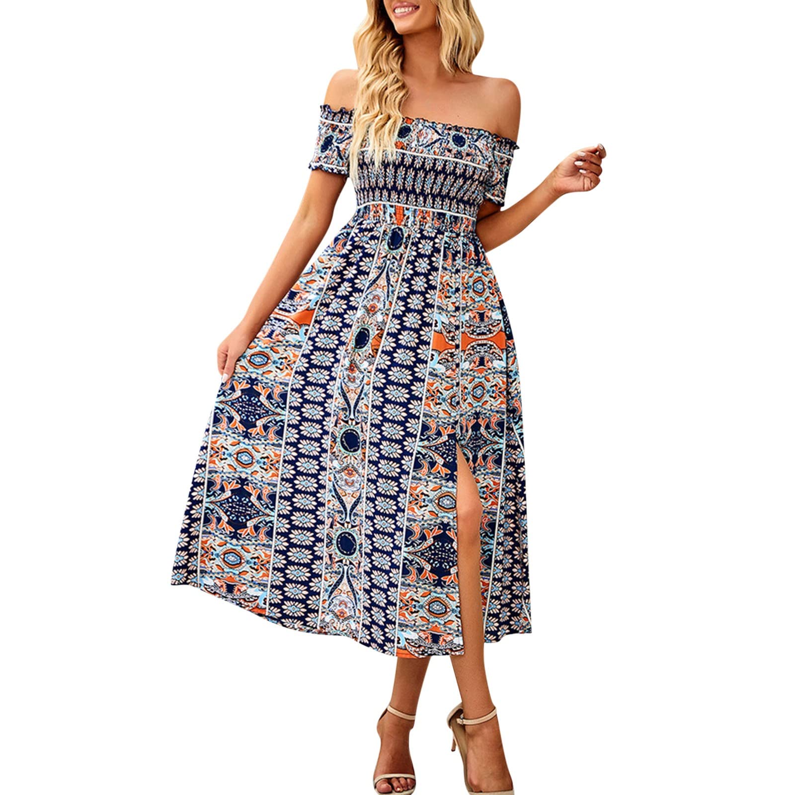 DIOMOR Women's Boho Flowy Off The Shoulder Maxi Dress - Smocked Beach Vacation Summer Spring Dress with Fit and Flare Design | Perfect for Beach Parties, Vacations, and Summer Outings