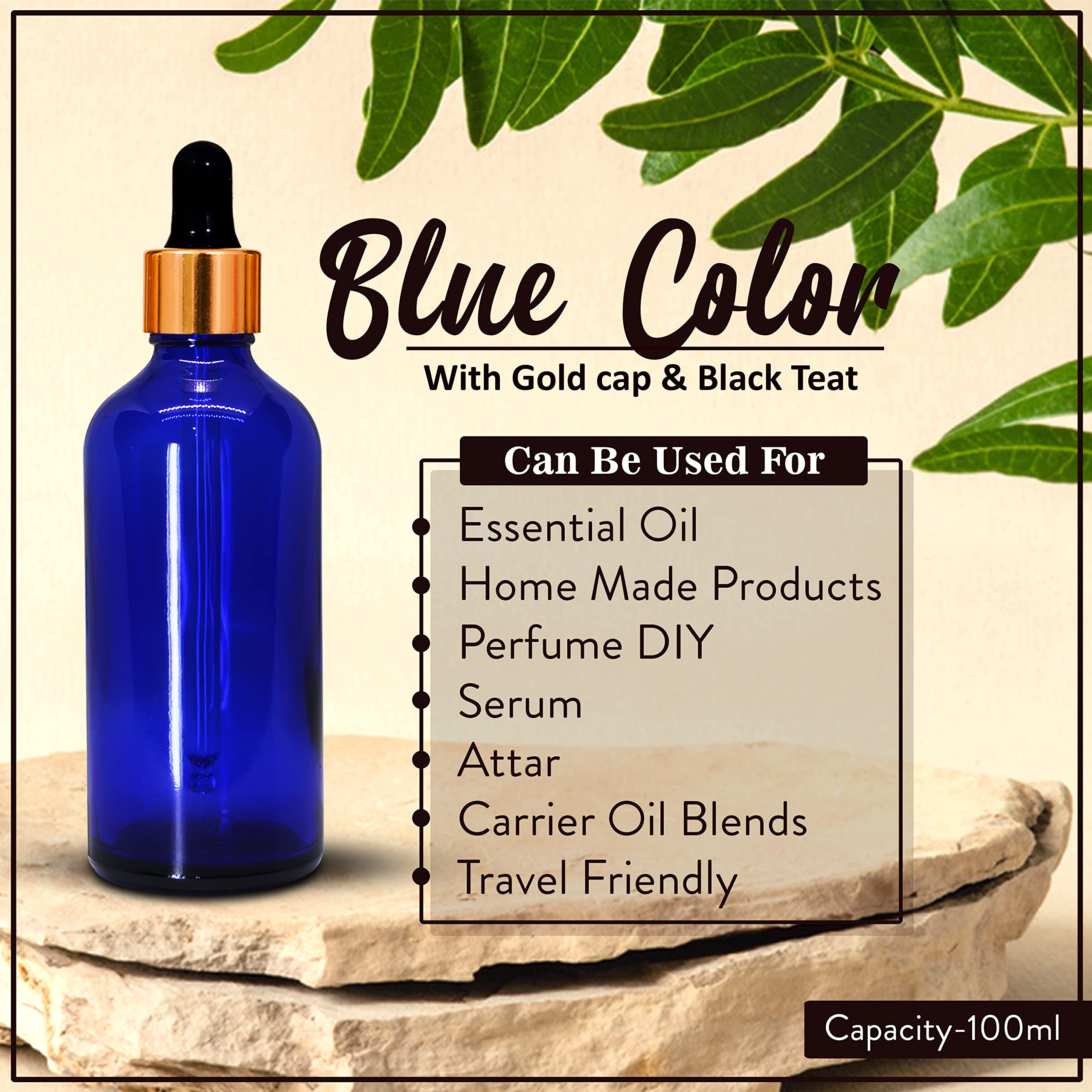 NSB Herbals 100ml Blue Round Empty Glass Bottle with Glass Dropper, Gold Ring & Black Silicone Teat - Leak Proof, Refillable for Essential Oils, DIY Perfumes, Aromatherapy, Homemade Skincare (Pack of 1) - Perfect for Travel, Gifts & Crafting Projects