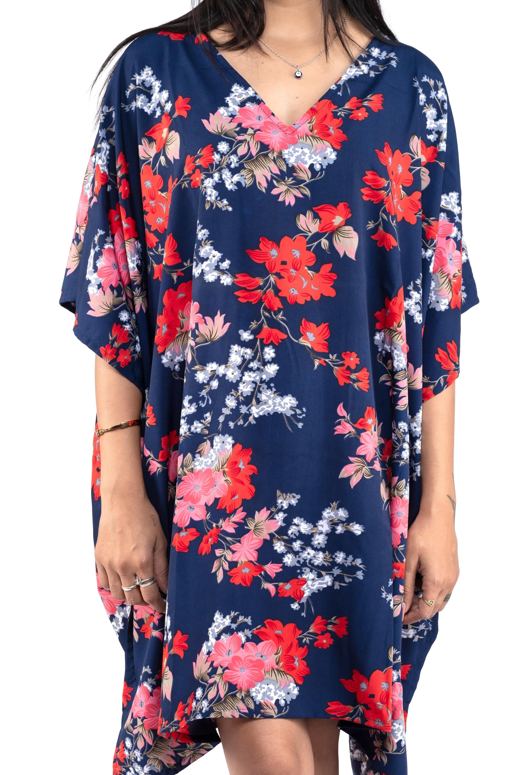 Women's Floral Print V-Neck Kaftan Dress - Short Kimono Style Beach Cover Up | Perfect for Summer Vacations, Poolside Lounging & Resort Wear