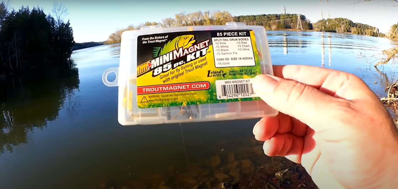 Leland's Lures Trout Magnet 85 Piece Mini Magnet Kit - 70 Grub Bodies & 15 Size 14 Hooks for Fly Fishing | Catches Trout, Bass & Panfish | Perfect for Streams, Rivers & Lakes