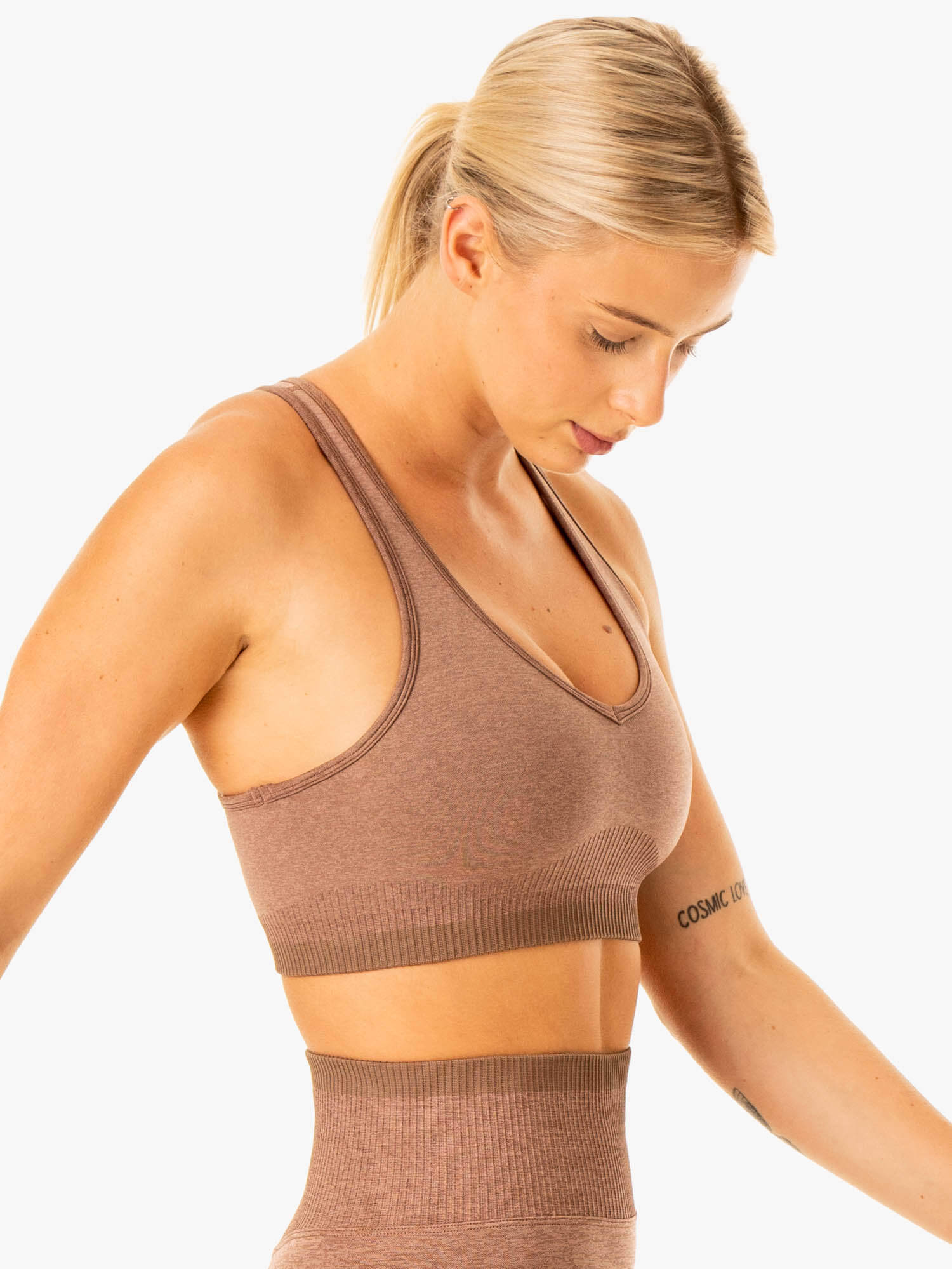 Excel Seamless Sports Bra for Women - High Impact Workout, Yoga, Running - Moisture Wicking & Supportive Mocha Marl Activewear Top for Gym & Fitness