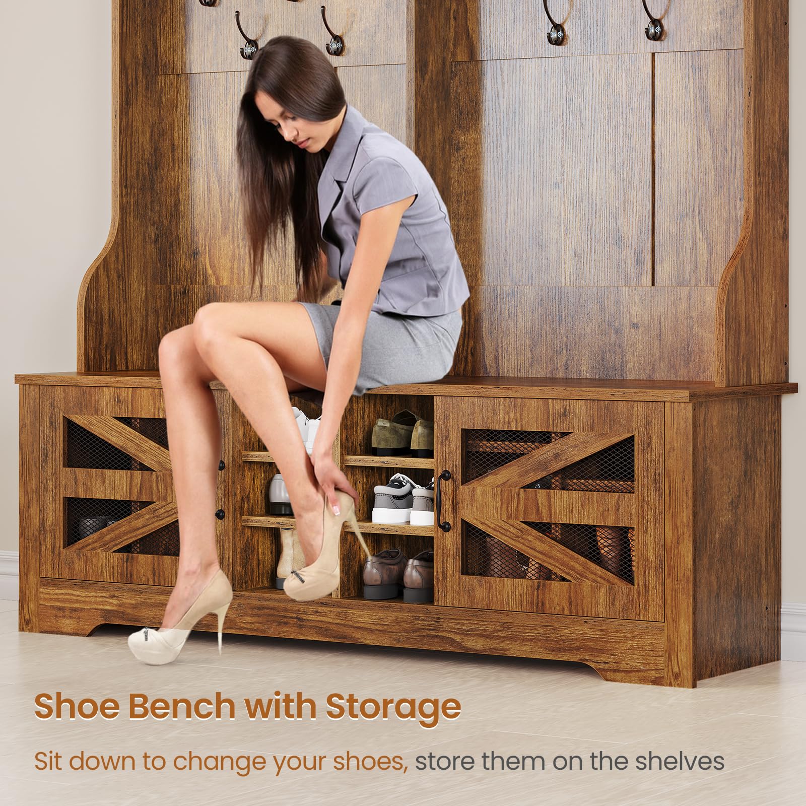 Itaar 5-in-1 Hall Tree with Bench, Shoe Storage & Coat Rack - 16 Shoe Cubbies, 12 Coat Hooks, Barn Door & Adjustable Shelf - Rustic Brown Entryway Organizer for Mudroom, Foyer or Home Decor