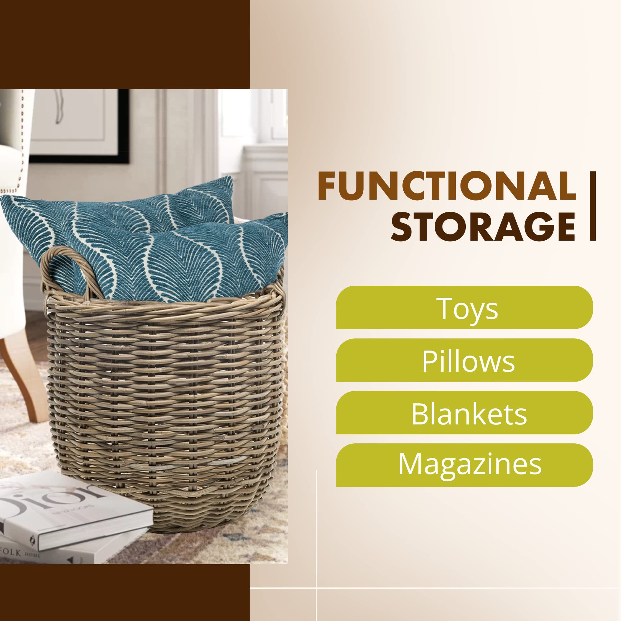 KOUBOO Handwoven Rattan Storage Basket with Handles - Round Woven Seagrass Organizer for Home Decor, Bedroom, Bathroom & Nursery - Gray-Brown Natural Fiber Basket for Toys, Blankets & Essentials