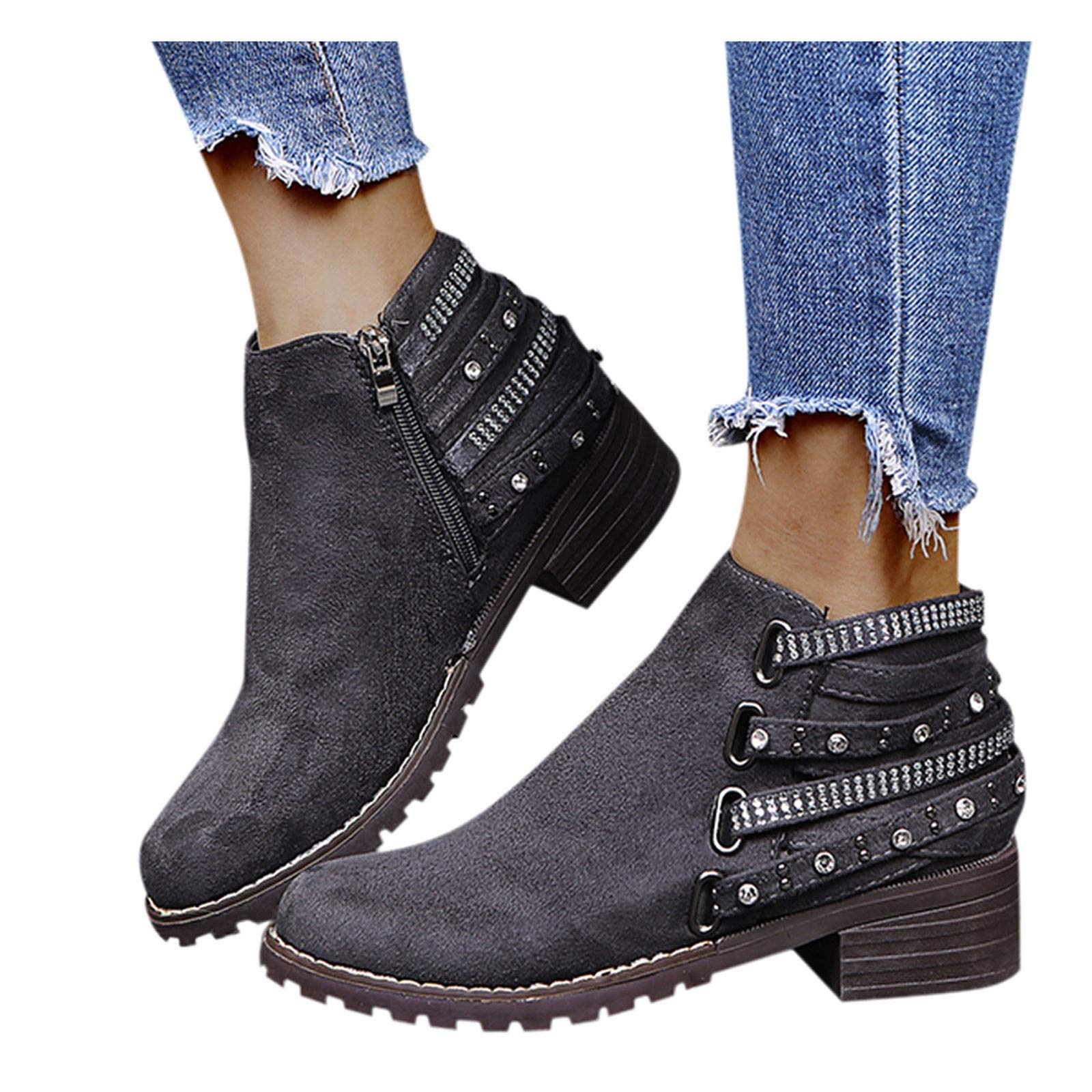 AOKASII Women's Chunky Heel Ankle Boots with Side Zip & Buckle - Western Style Platform Booties for Autumn & Winter | Perfect for Casual Outfits, Office Wear & Night Out