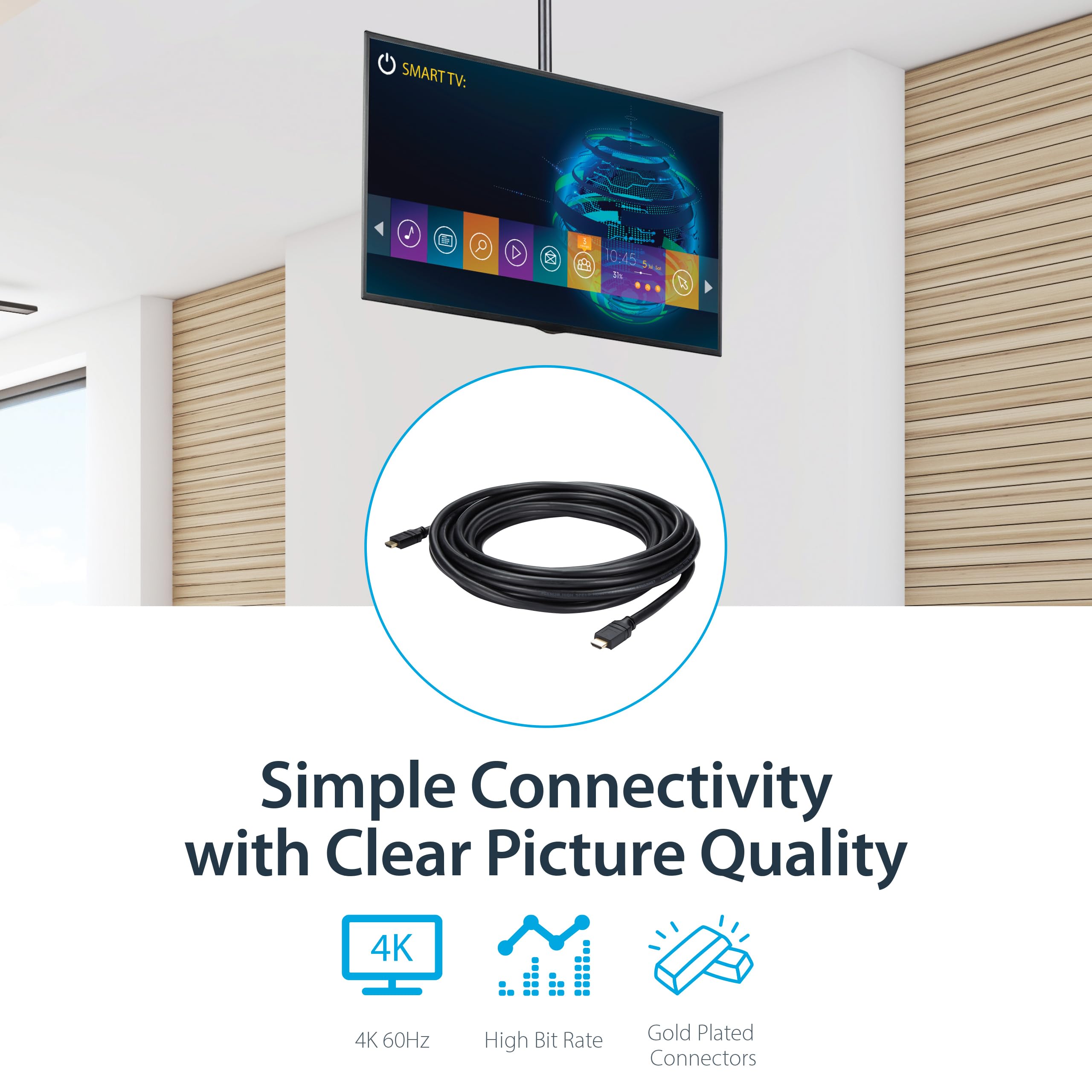 StarTech.com 35ft Plenum Rated HDMI Cable - 4K High Speed HDMI Cord with Ethernet, 4K30 UHD, 10.2Gbps, HDCP 1.4, In-Wall Plenum HDMI 1.4 Display Cable for Home Theater, Gaming, PC to TV & Office Presentations (HDPMM35)