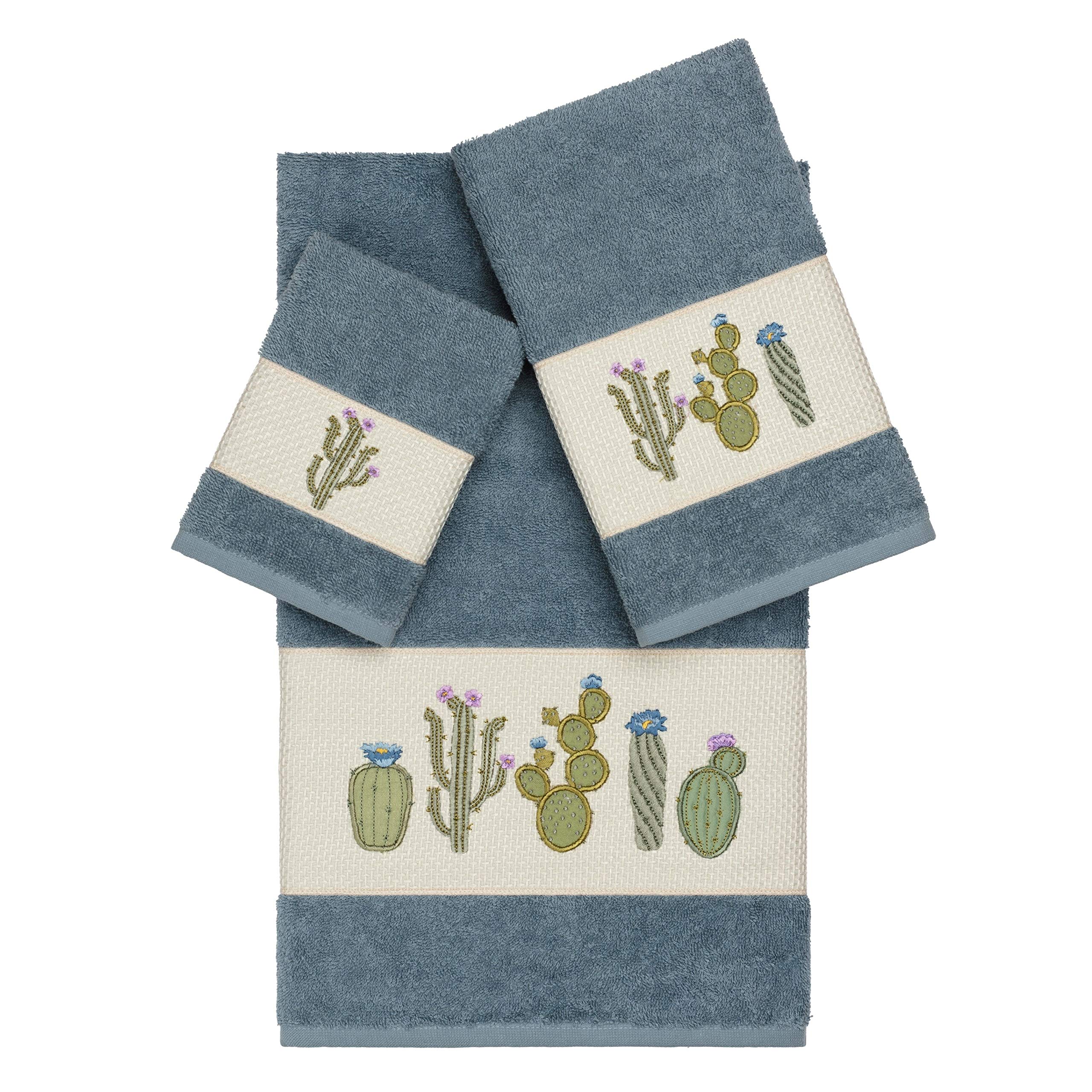Premium Turkish Cotton Cactus Embroidered Teal Blue 3-Piece Bath Towel Set - Ultra Soft & Absorbent for Spa, Bathroom & Beach Use
