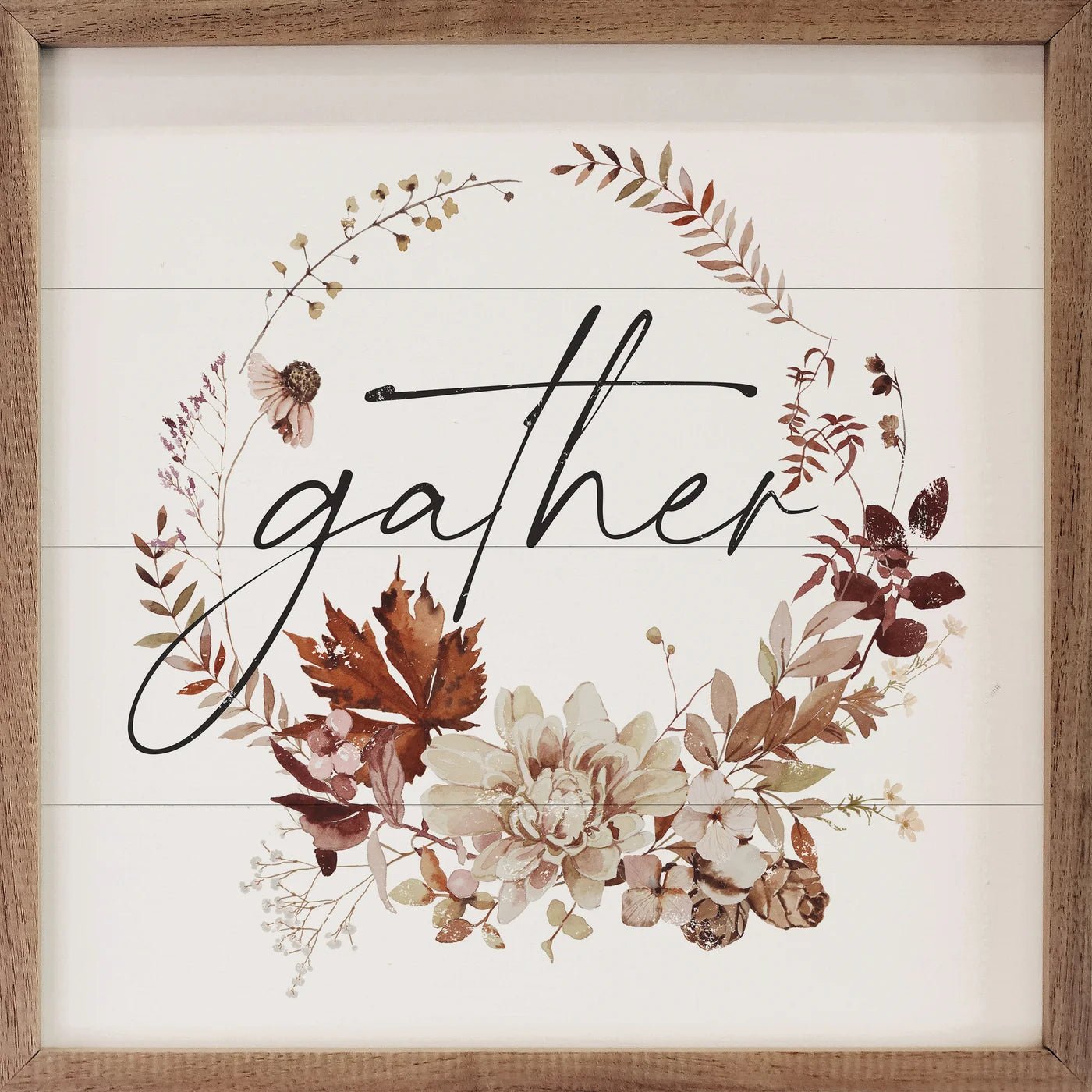 Autumn Gather Wreath Wood Framed Print - Fall Home Decor for Front Door, Living Room & Thanksgiving | Rustic Farmhouse Wall Art