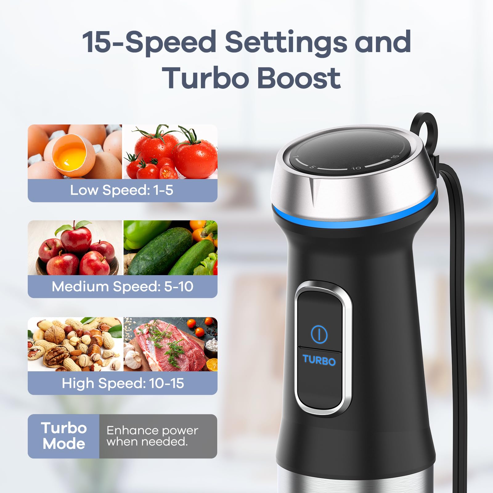 Ganiza 6-in-1 Immersion Blender with Stainless Steel Blade - 15-Speed Electric Hand Blender Set Includes 800ml Mixing Beaker, 600ml Chopper, Whisk, Frother & Potato Masher - Perfect for Smoothies, Soups, Baby Food & Baking