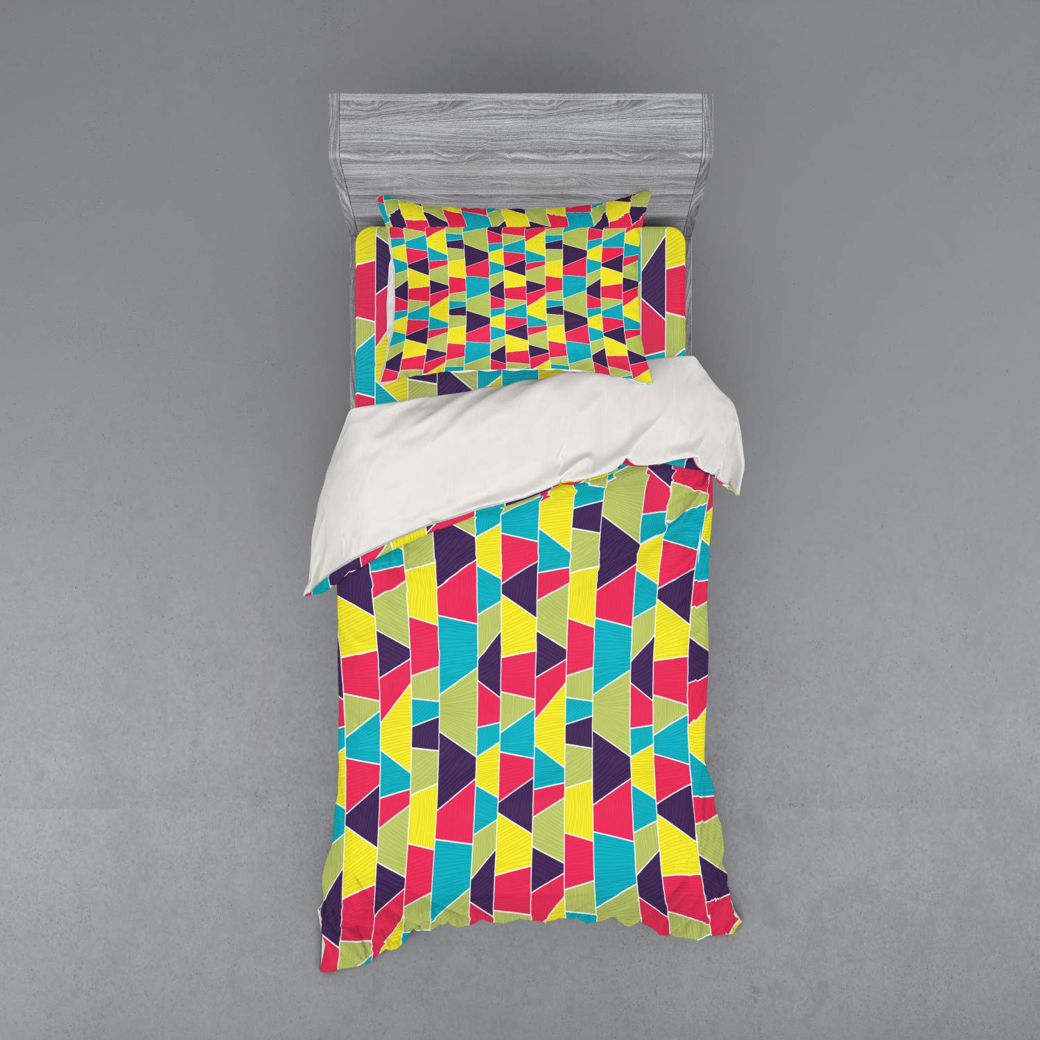 Ambesonne Colorful 3-Piece Twin XL Bedding Set - Mosaic Pattern with Hand-Drawn Lines & Trapezoid Borders, Duvet Cover + Sham + Fitted Sheet - Vibrant Multicolor Design for Kids' Rooms & Guest Bedrooms