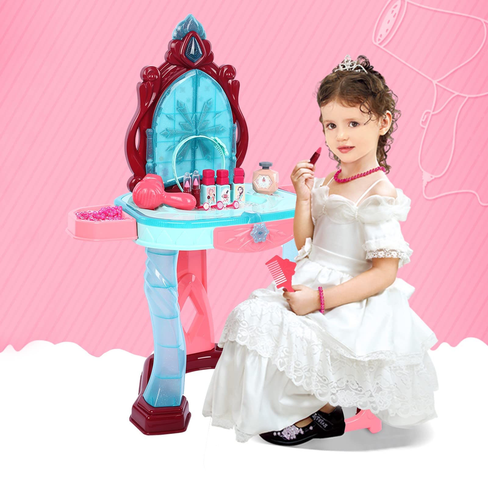 Pink Toddler Vanity Set with Lights & Sounds - Kids Makeup Vanity Table with Stool, Blow Dryer & Accessories - Pretend Play Dress Up Toy for Girls Ages 3+ - Perfect for Birthday Gifts & Role Play Fun