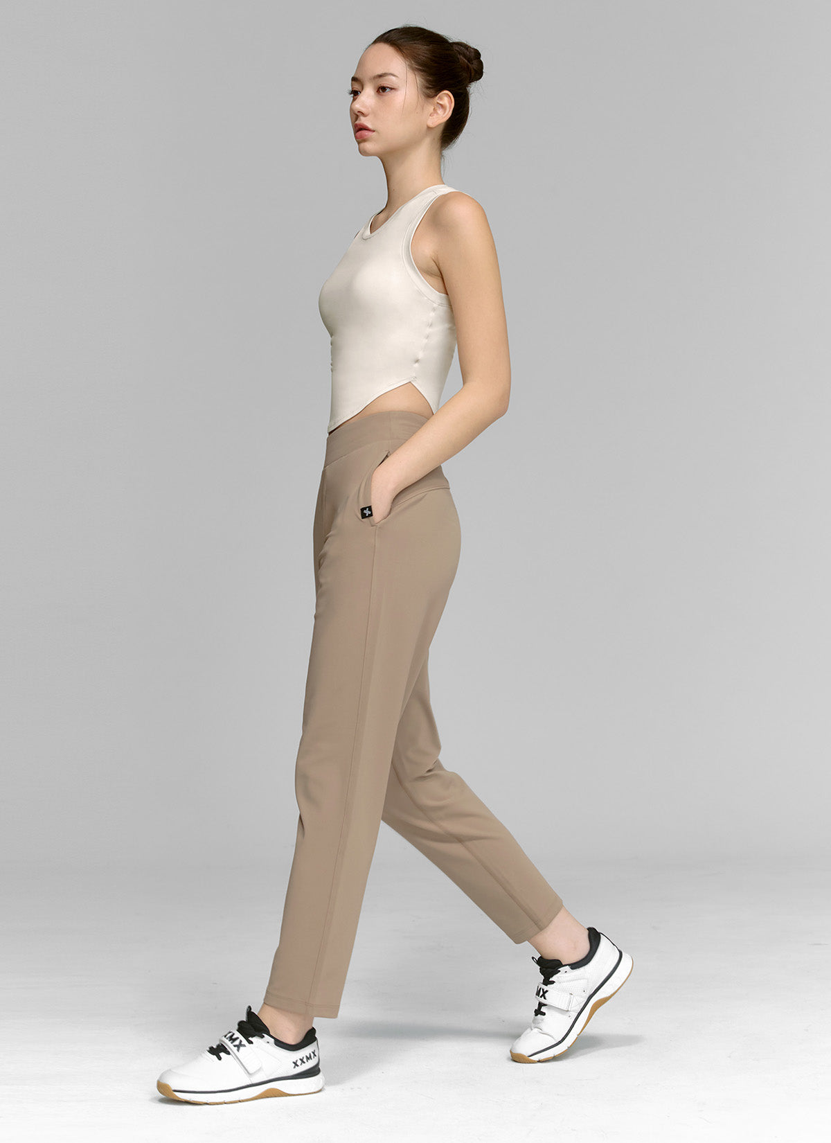 Soft Peach Cotton Slim Pants for Women - Comfortable Stretchy High Waisted Trousers for Work, Travel & Casual Wear