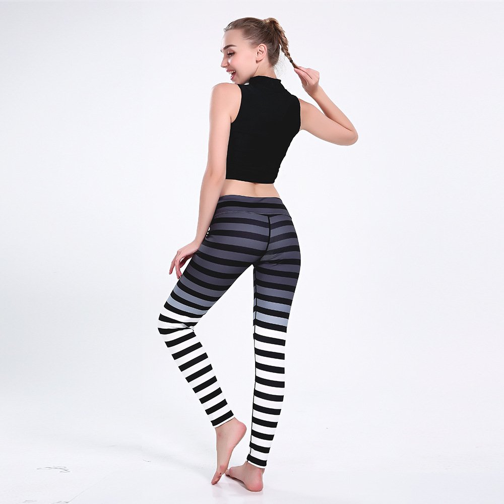 Women's High Waisted Striped Yoga Pants with Tummy Control - Ankle Length Workout Leggings for Running, Gym & Lounge Wear