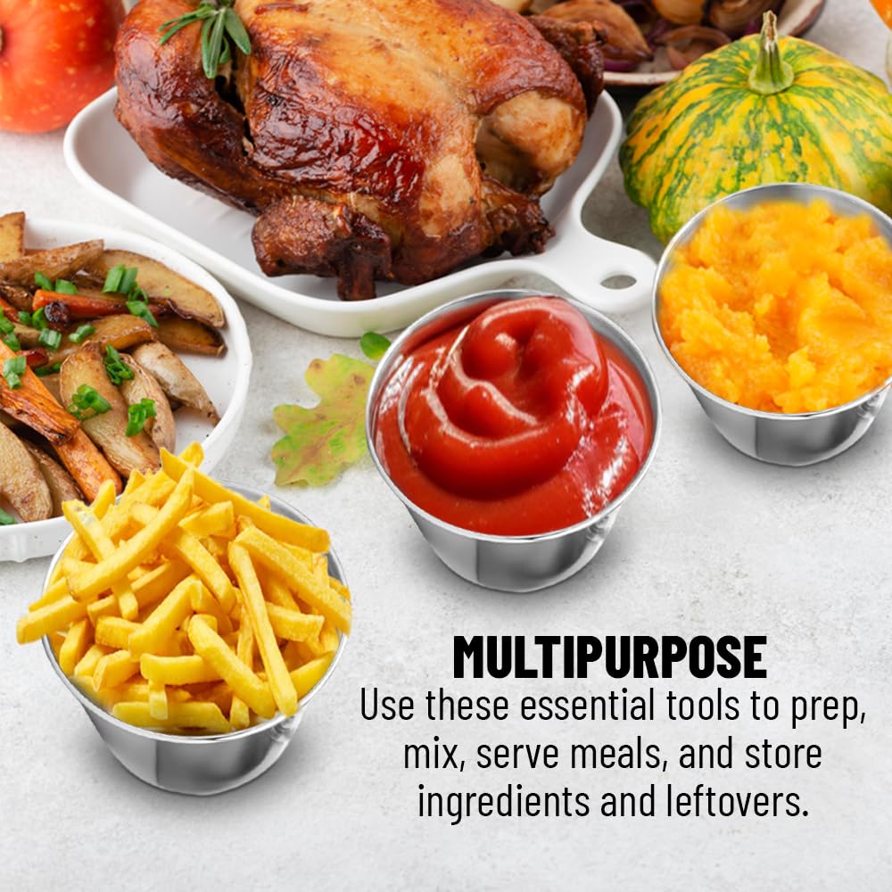 GLOBAL BASICS 12-Pack Stainless Steel Condiment Cups - 1.5 oz Round Sauce Bowls for Ketchup, Mustard & Dip - Dishwasher Safe & Rustproof - Perfect for Restaurants, BBQs, Parties & Home Use