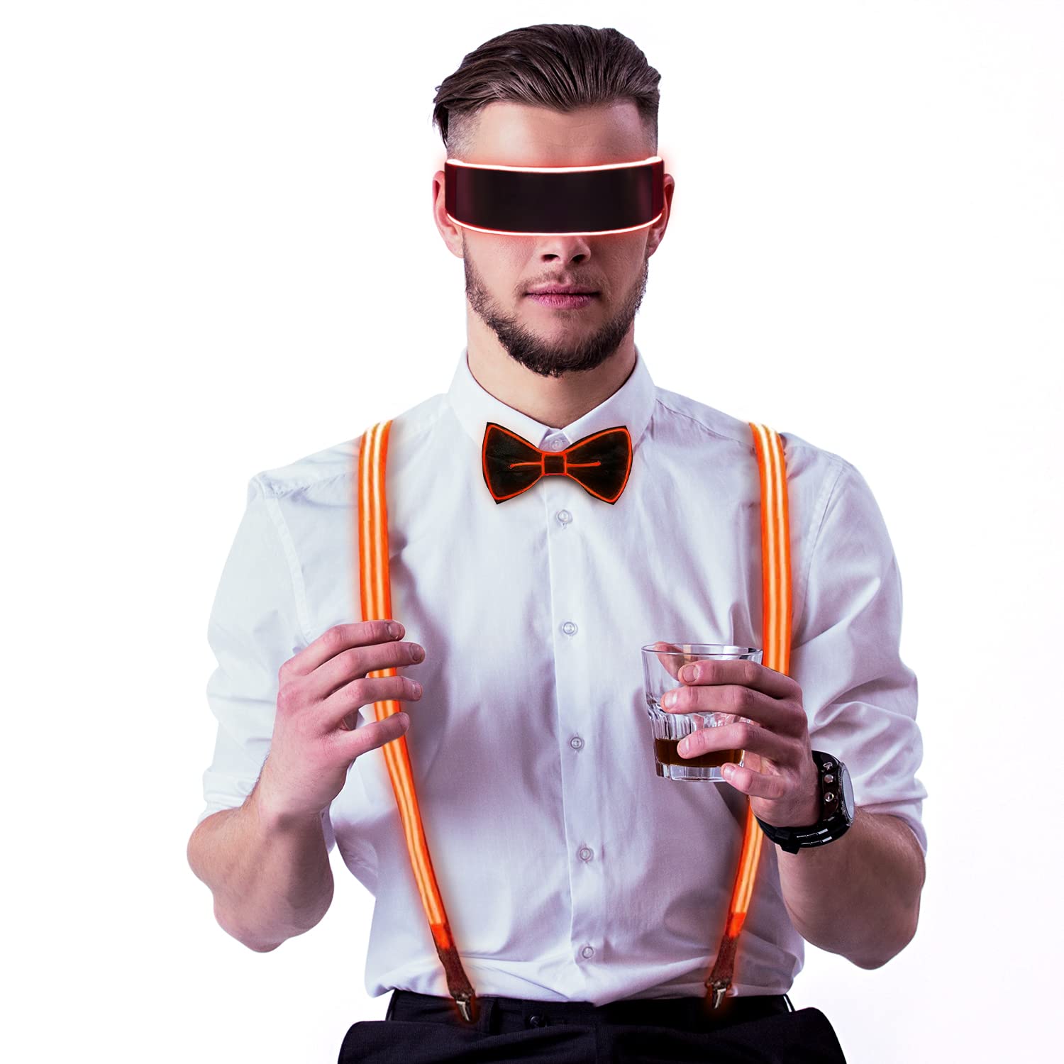 LED Light Up Bow Tie with Adjustable Suspenders & Glasses - Orange LED Party Accessories for Men & Women - Perfect for Halloween, Christmas, Raves & Costume Parties