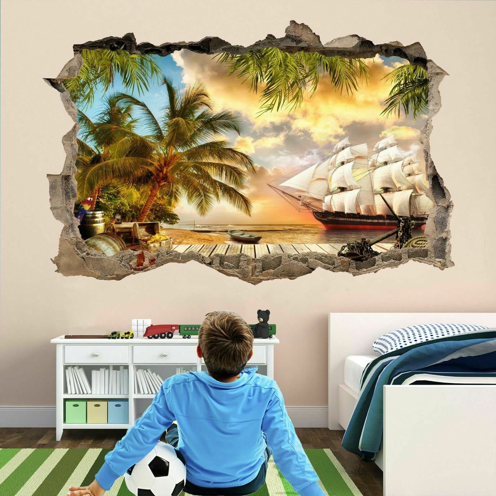 Pirate Ship Treasure Island Wall Decal - Kids Room Decor Sticker Mural for Bedroom & Playroom - Adventure Themed Nursery Wall Art for Boys & Girls