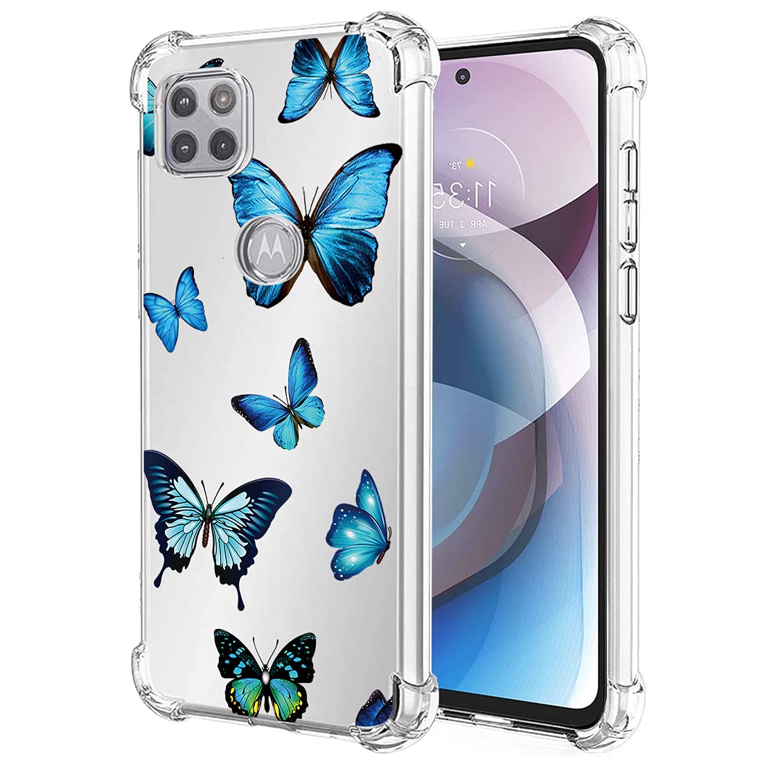 Shockproof Clear TPU Phone Case for Motorola Moto One 5G Ace & Moto G 5G - Slim Flexible Protective Cover with Blue Butterfly Pattern - Perfect for Girls, Everyday Use & Travel Protection